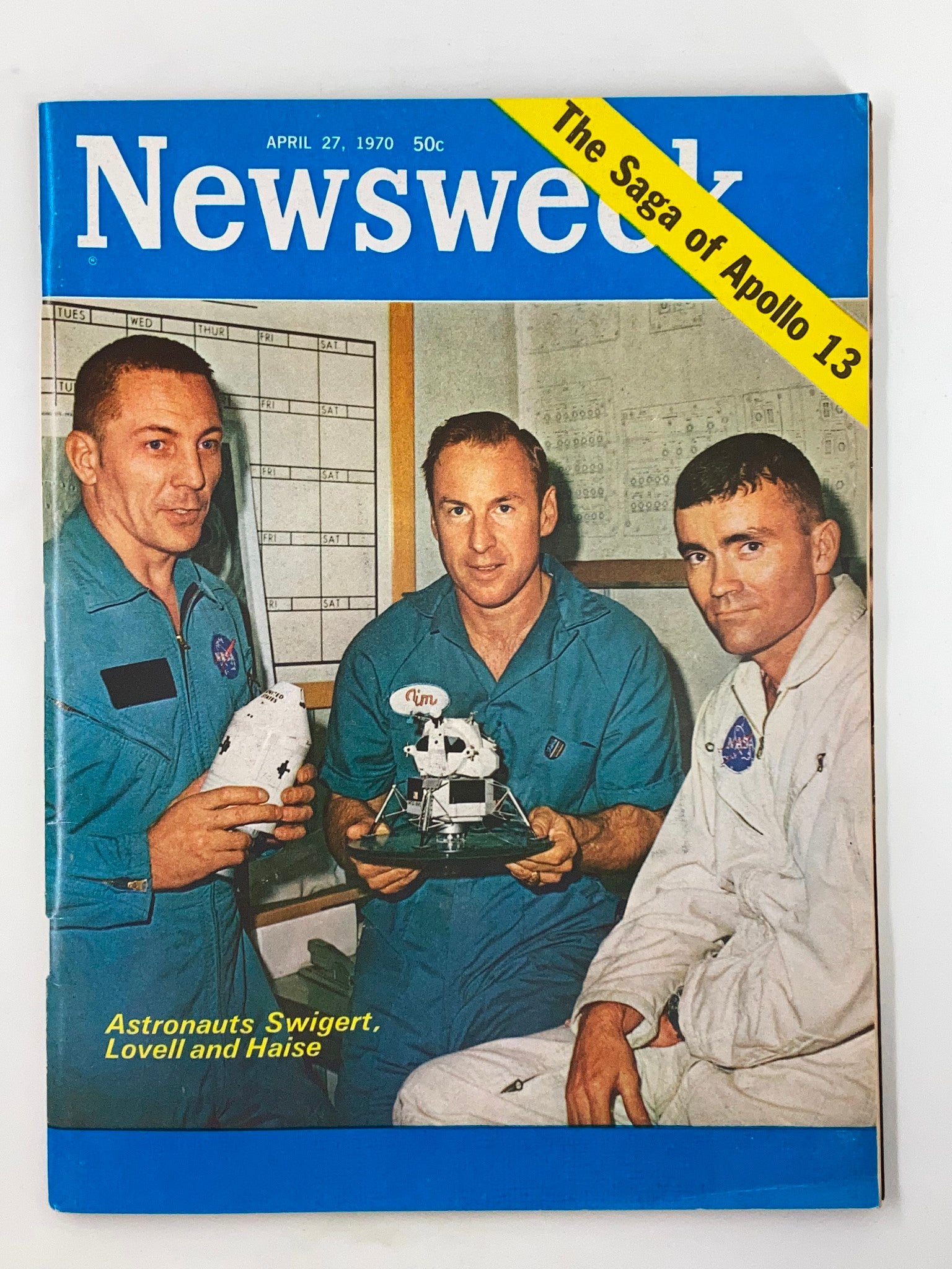 VTG Newsweek Magazine April 27 1970 cover featuring astronauts Swigert, Lovell, and Haise holding a model of the lunar module, detailing the saga of Apollo 13.