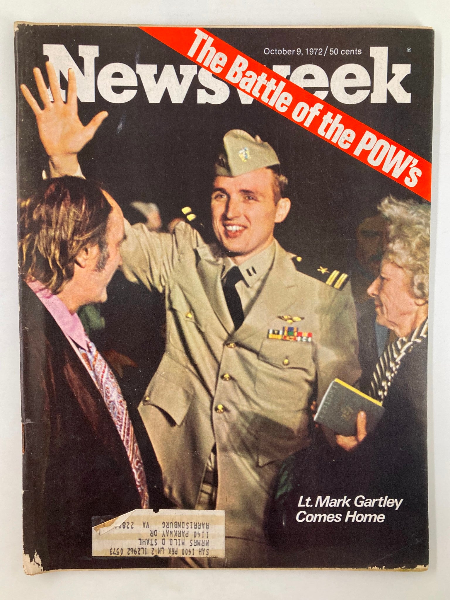 Cover of VTG Newsweek Magazine from October 9, 1972 featuring Lt. Mark Gartley celebrating his homecoming, with the title 'The Battle of the POW's' prominently displayed.