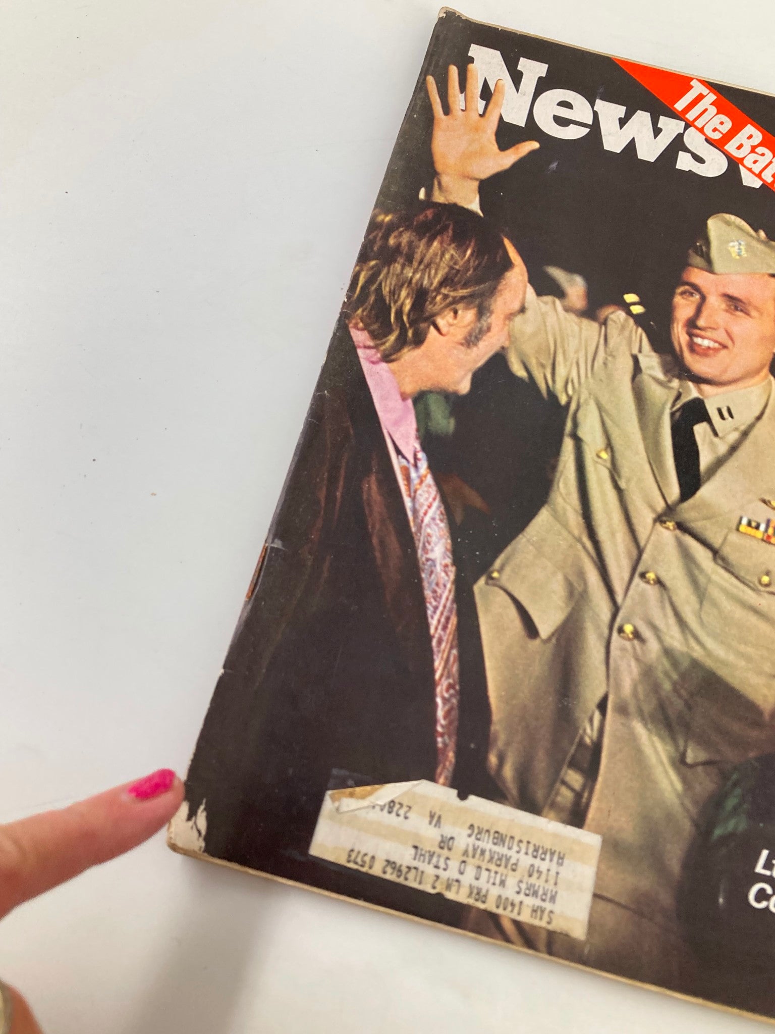 Close-up view of the cover of VTG Newsweek Magazine October 9, 1972, highlighting Lt. Mark Gartley's homecoming and the magazine's condition with a visible price label.