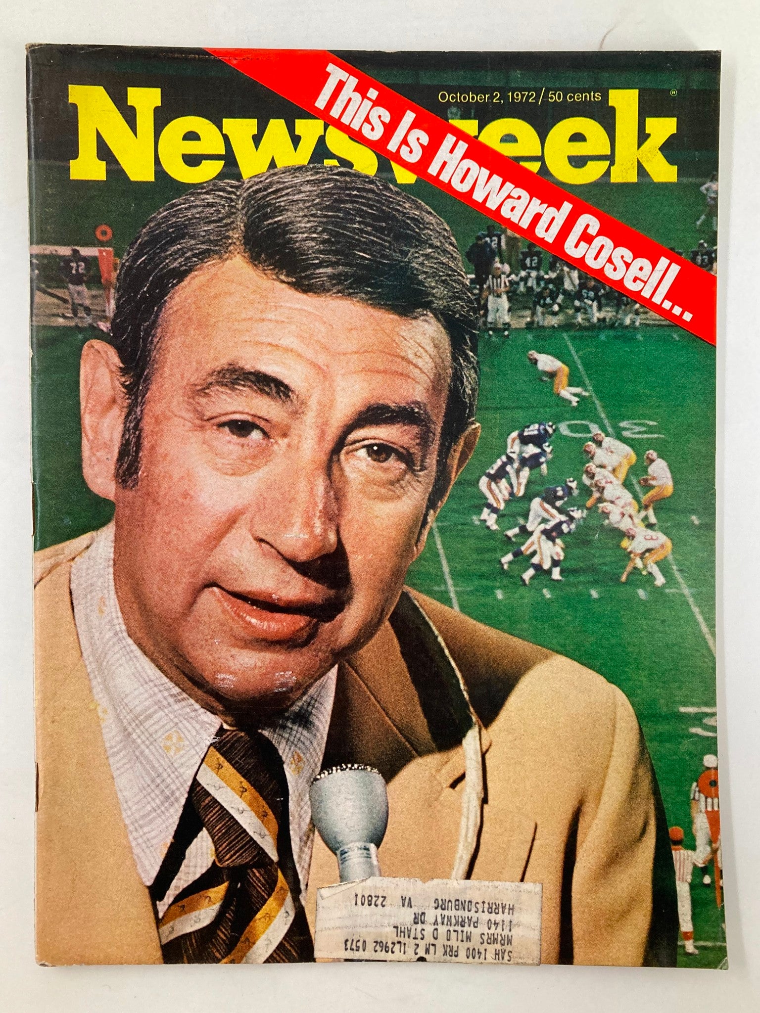 Cover of VTG Newsweek Magazine dated October 2, 1972, featuring Howard Cossell, showcasing an iconic photo of the sports journalist with a microphone, highlighted by a red banner stating 'This is Howard Cossell'.