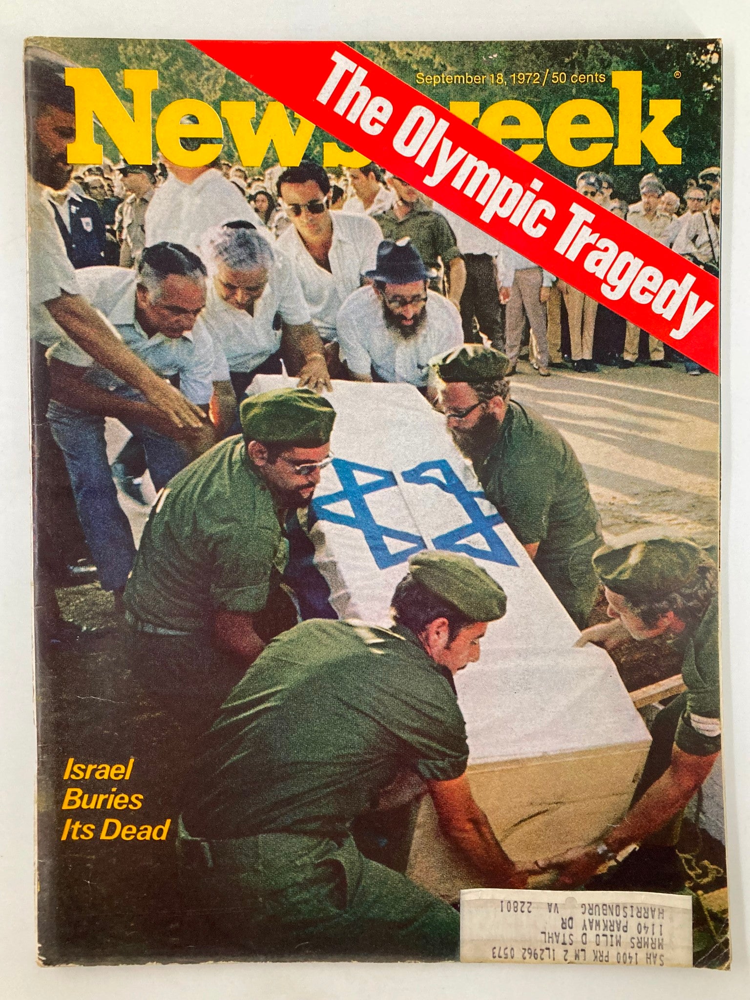 Cover of VTG Newsweek Magazine from September 18, 1972, depicting the somber event of Israel burying its dead in the aftermath of the Olympic tragedy, featuring striking imagery and bold red headline.