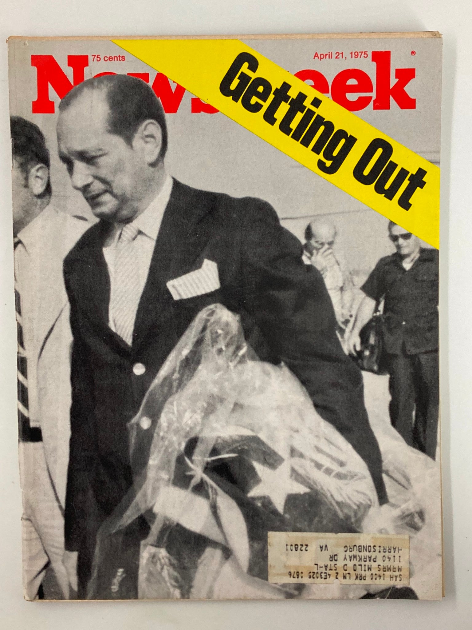 VTG Newsweek Magazine April 21, 1975 featuring the article 'Getting Out' by John Gunther; vintage publication showcasing historical imagery and context from the mid-1970s.