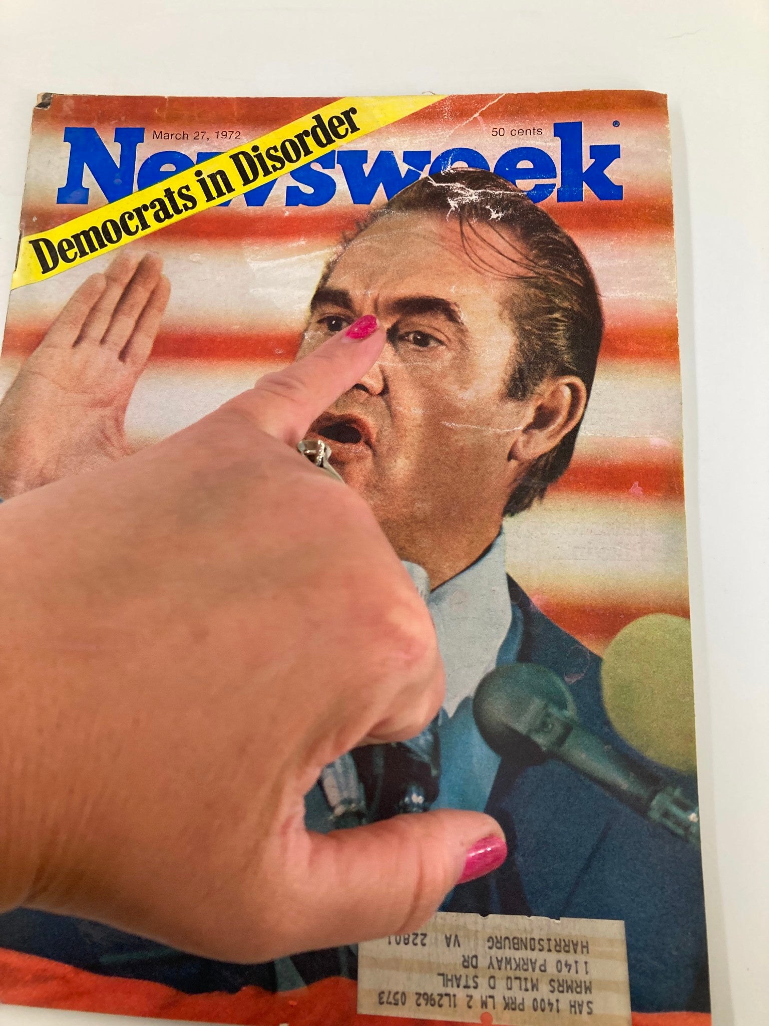 Detail view of the VTG Newsweek Magazine cover from March 27, 1972 featuring George Wallace, highlighting the magazine's vintage condition and political theme 'Democrats in Disorder'.