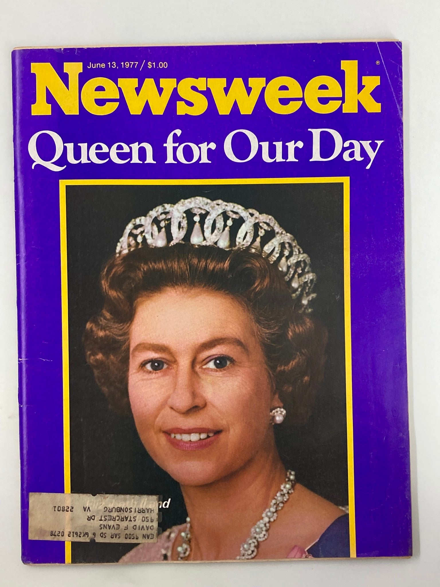 VTG Newsweek Magazine June 13 1977 featuring Queen Elizabeth on the cover, showcasing her portrait with a tiara and the title 'Queen for Our Day' in bold letters.