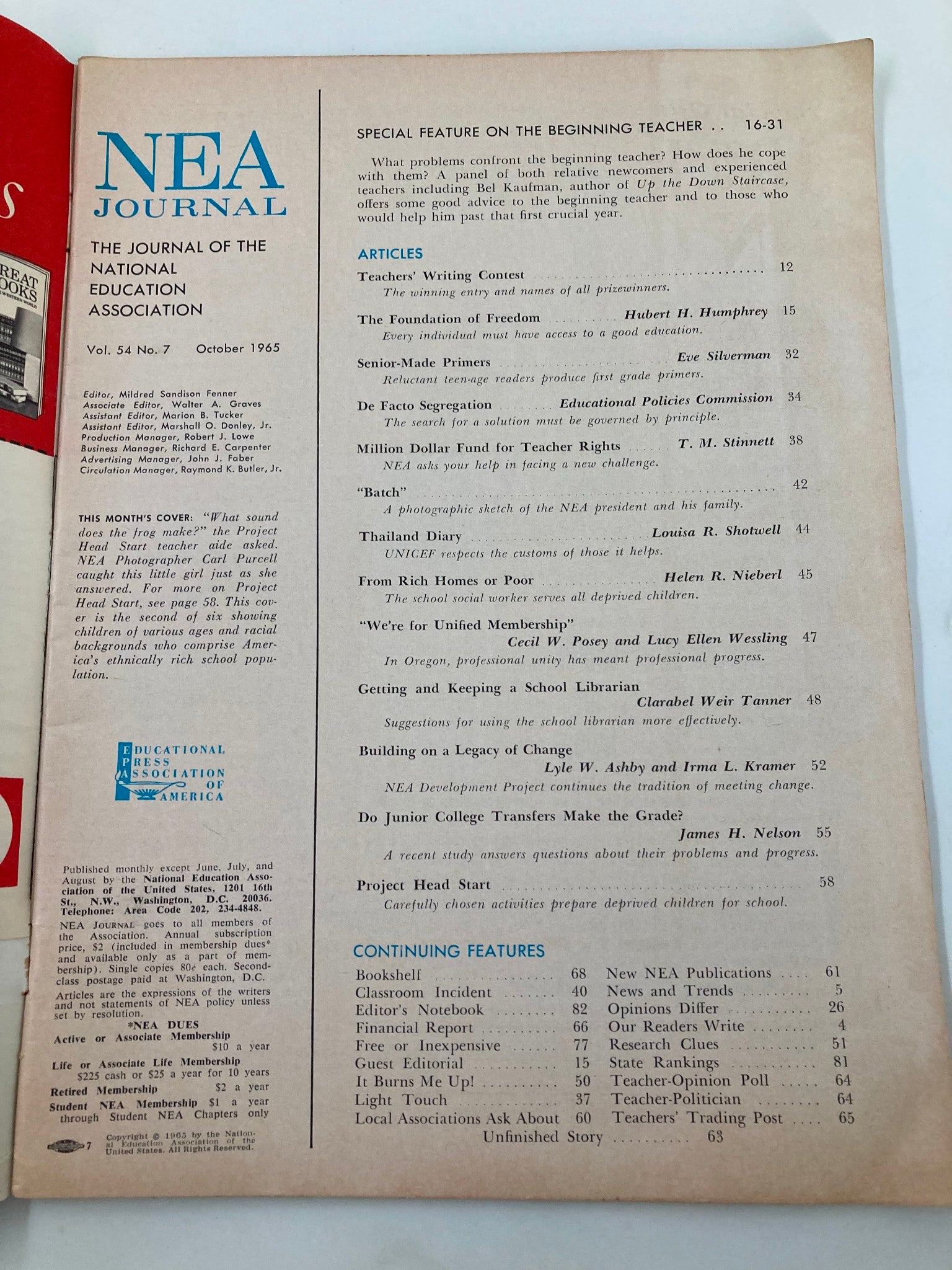 Inside page of VTG NEA Journal Magazine October 1965 listing articles and features, including a focus on school librarians and educational practices.