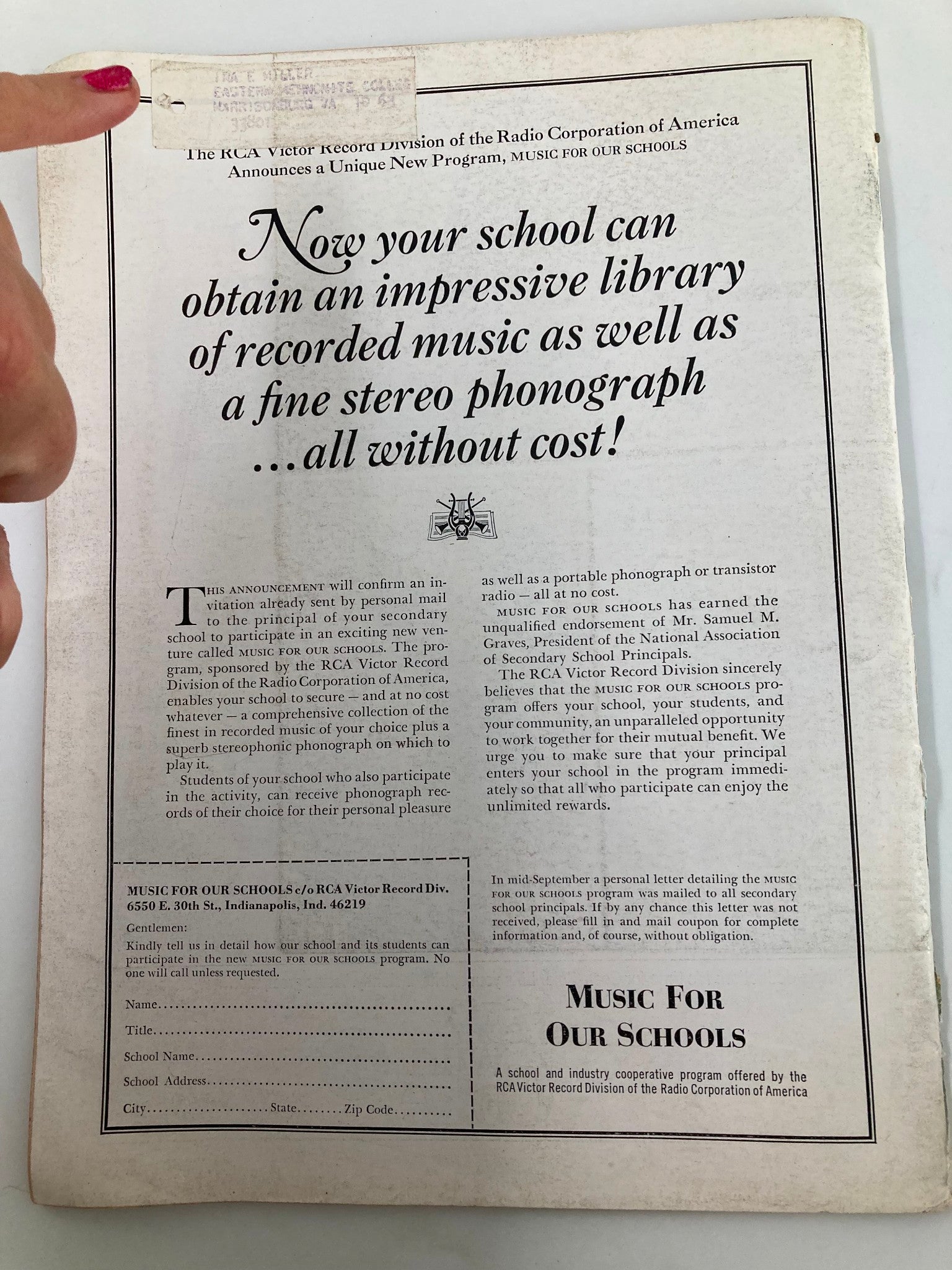 Back cover of VTG NEA Journal Magazine October 1965 promoting a program for schools to obtain music resources, showcasing historical advertisement elements.