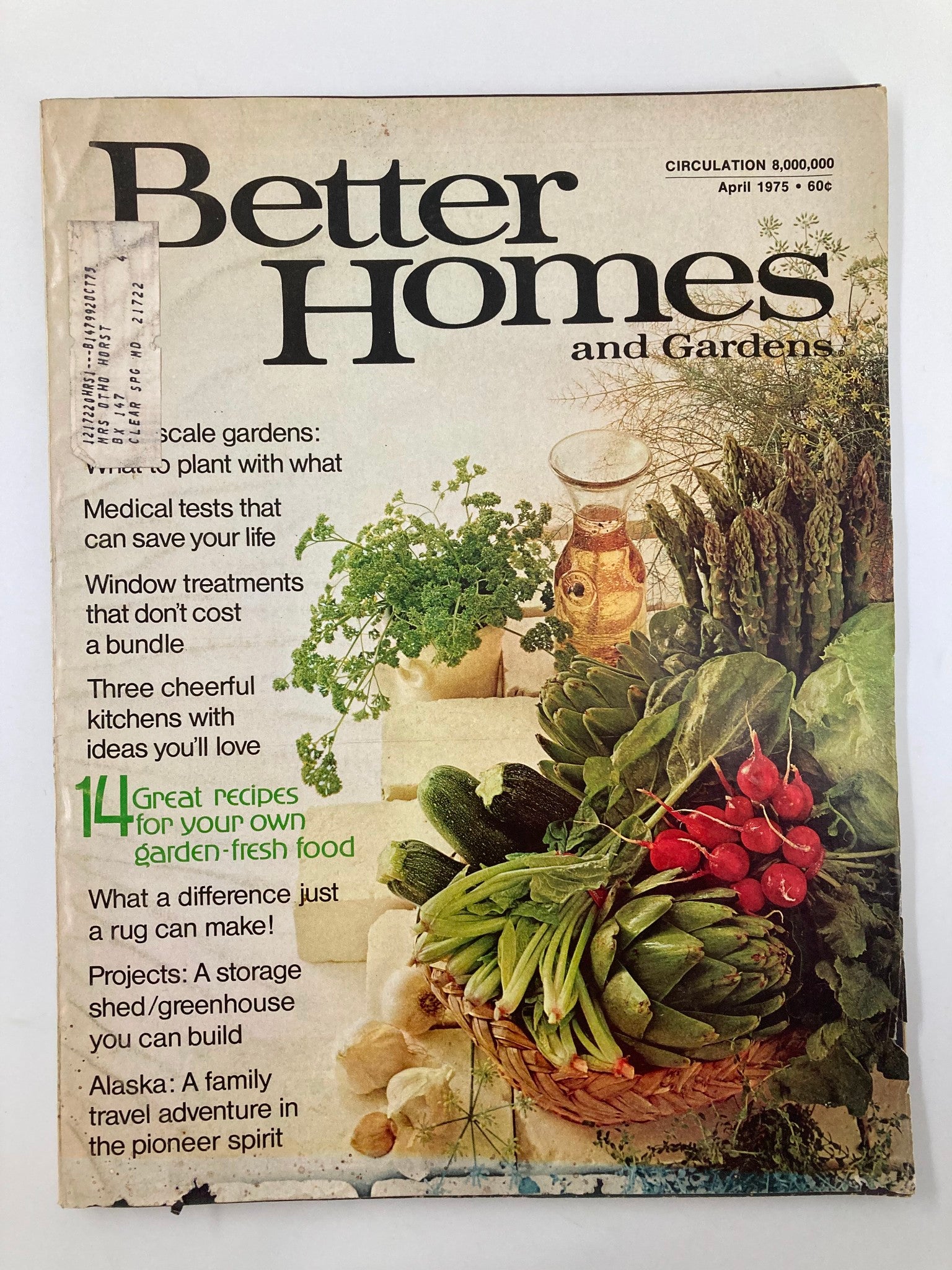 Cover of the VTG Better Homes and Gardens Magazine April 1975 featuring a variety of vegetables and herbs, highlighting articles on gardening, food, and travel adventures in Alaska.