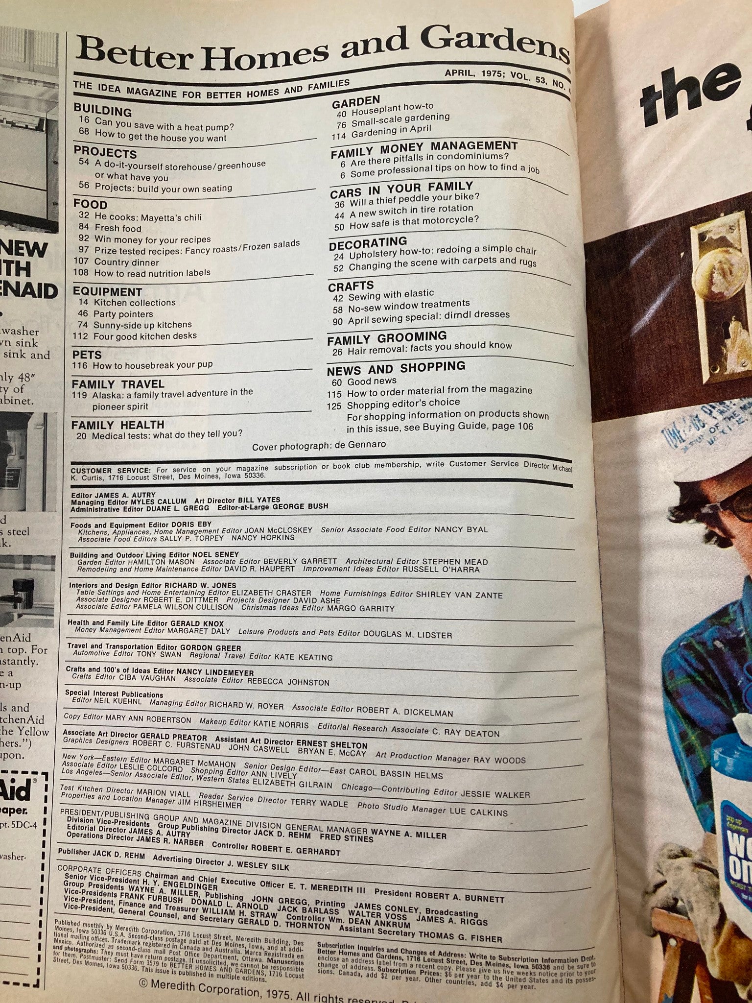 Interior page of the VTG Better Homes and Gardens Magazine April 1975 listing various sections such as family travel, food recipes, and home improvement projects.