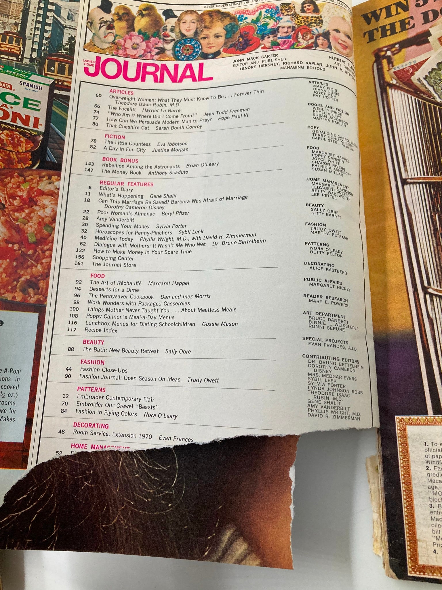 Interior page layout of the March 1970 Ladies' Home Journal magazine, featuring the article 'Rebellion Among The Astronauts' among other topics.