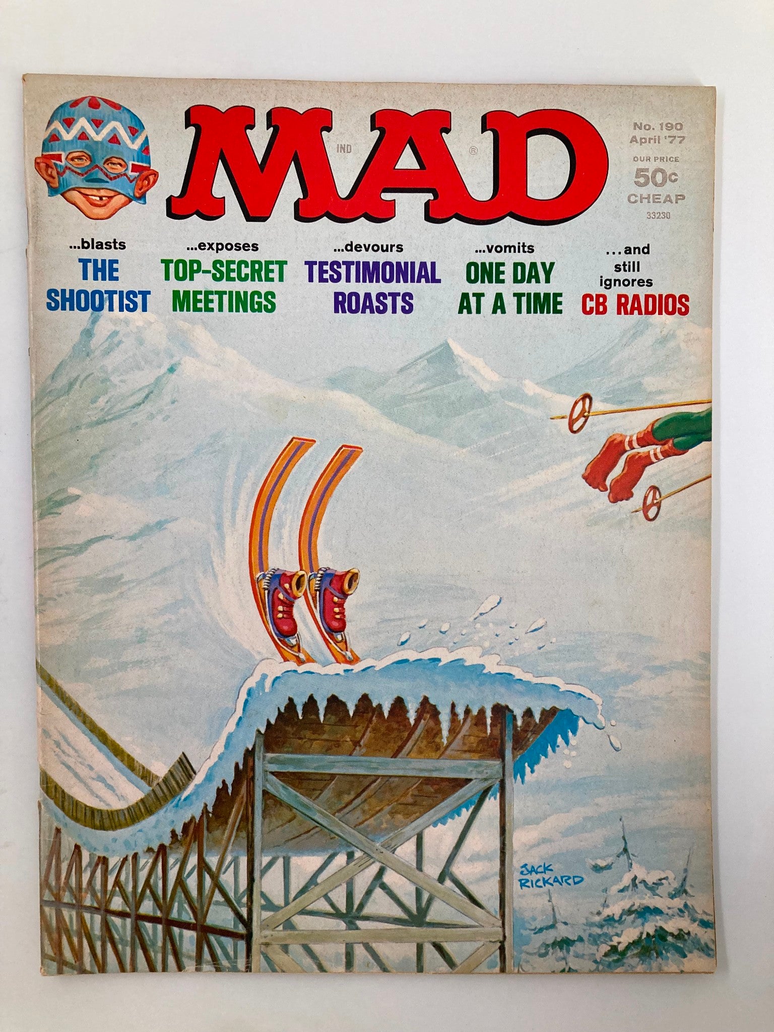 Mad Magazine April 1977 No. 190 cover featuring colorful illustrations and humorous headlines related to pop culture, highlighting 'The Shootis' and other satirical topics.