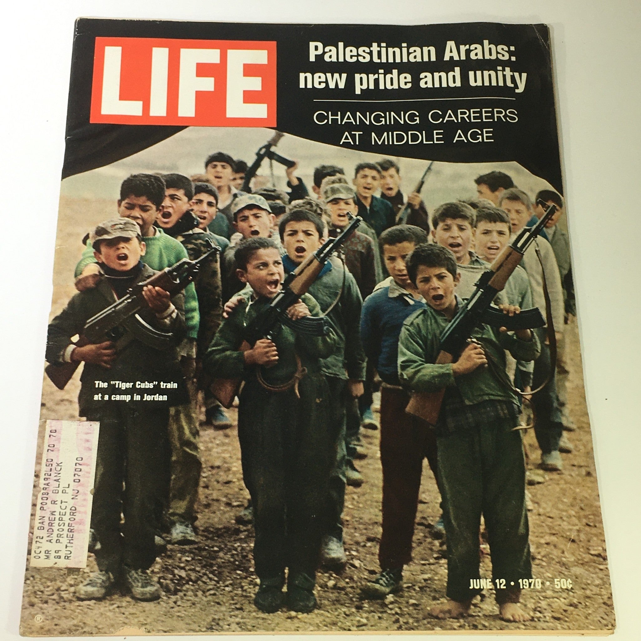Cover of VTG Life Magazine from June 12, 1970, featuring the title 'Palestinian Arabs: New Pride and Unity', showcasing a group of Palestinian children holding rifles, symbolizing their cultural and political sentiments.