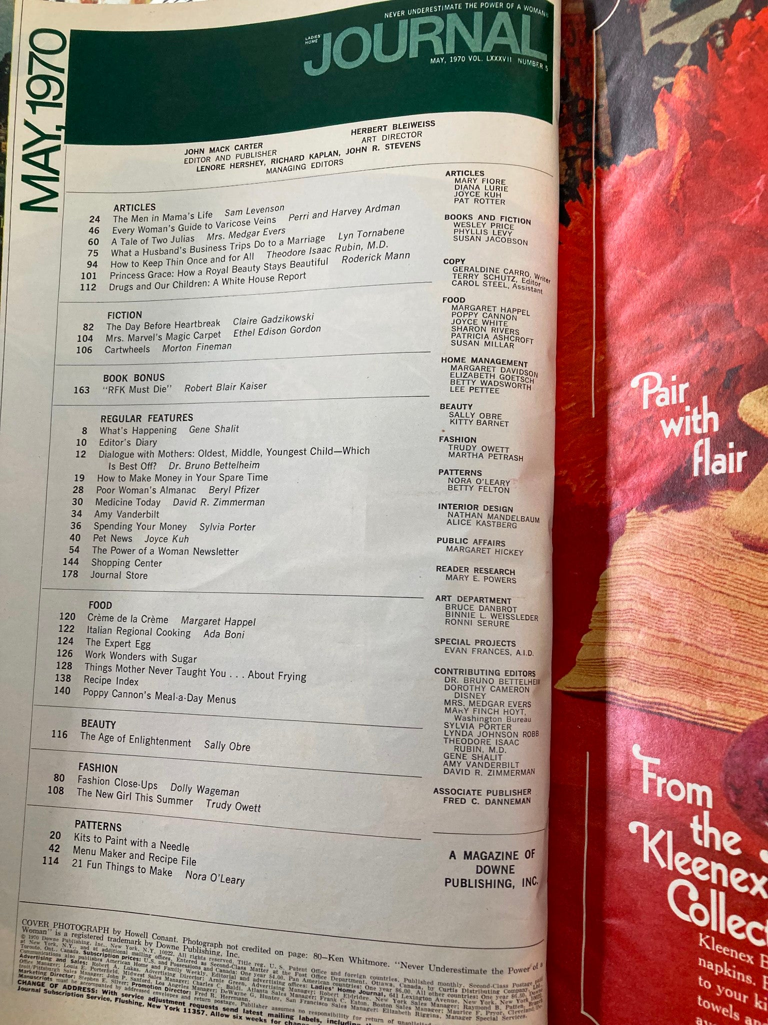 Inside page of Ladies' Home Journal Magazine May 1970 displaying the table of contents with various articles and features related to women's topics.