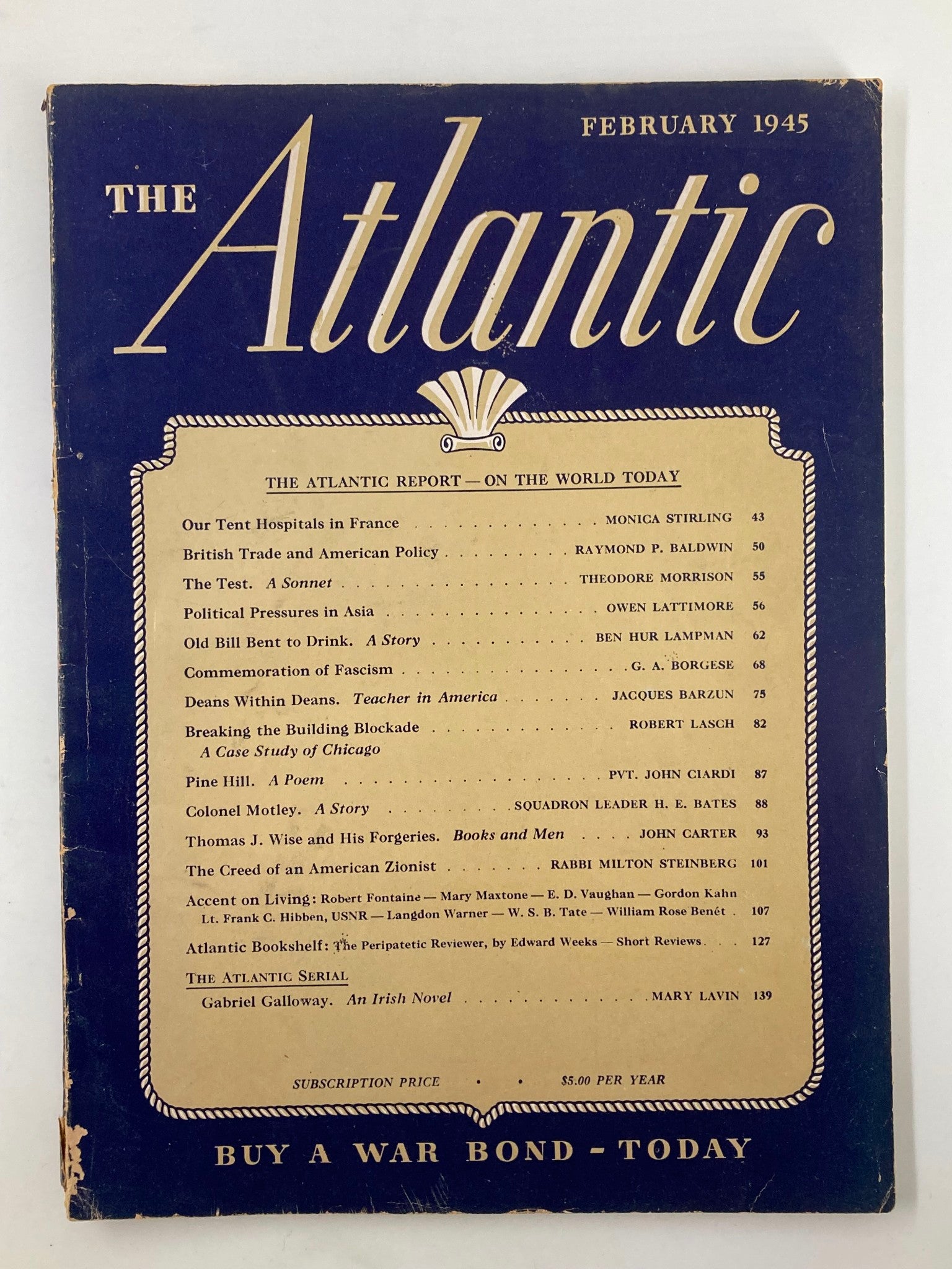 Cover of VTG The Atlantic Magazine February 1945 featuring an article titled 'Our Tent Hospitals in France.' The magazine showcases historical insights from World War II.