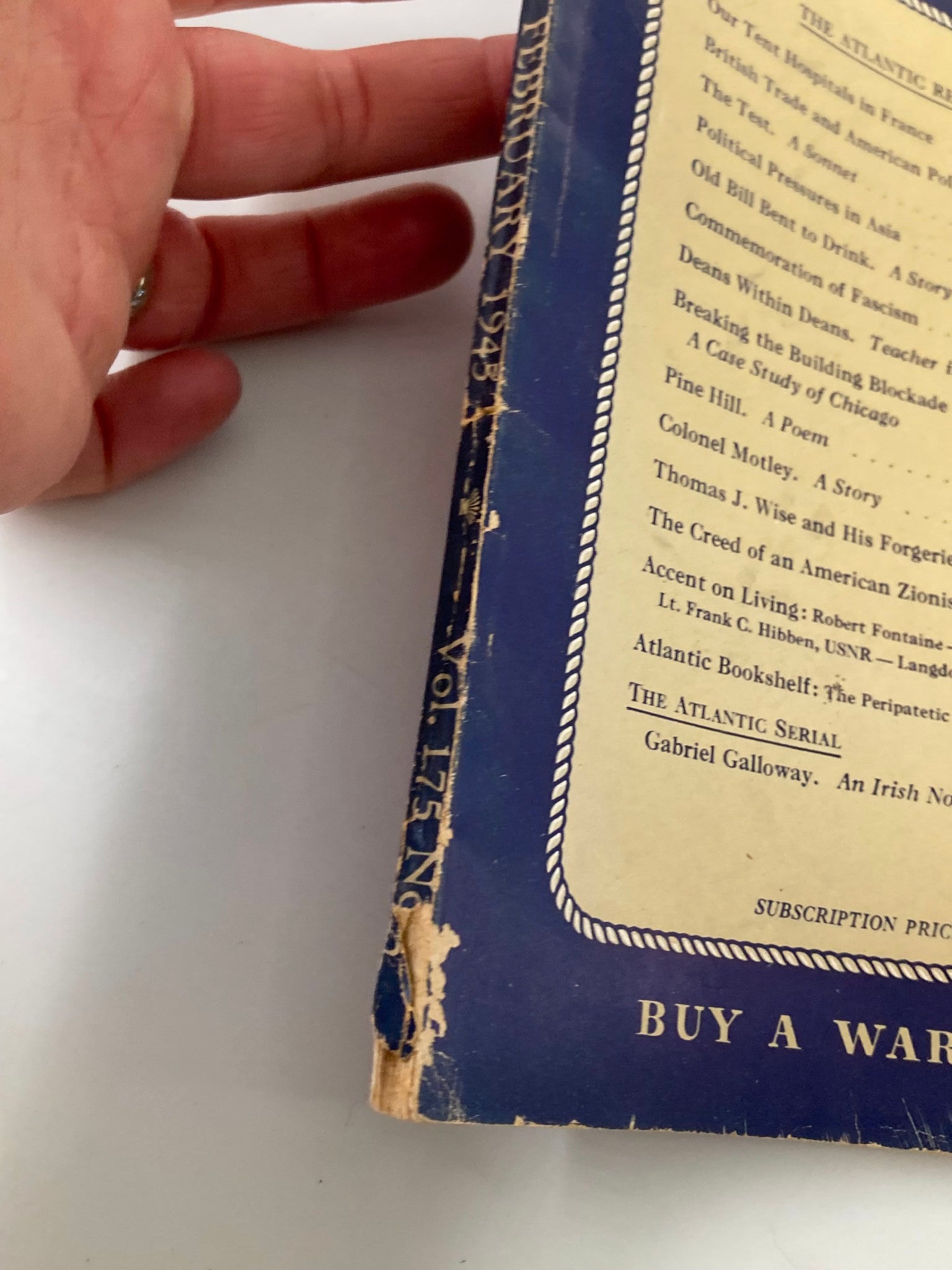 Spine view of VTG The Atlantic Magazine February 1945, illustrating the magazine's condition. The title 'Our Tent Hospitals in France' is featured prominently.