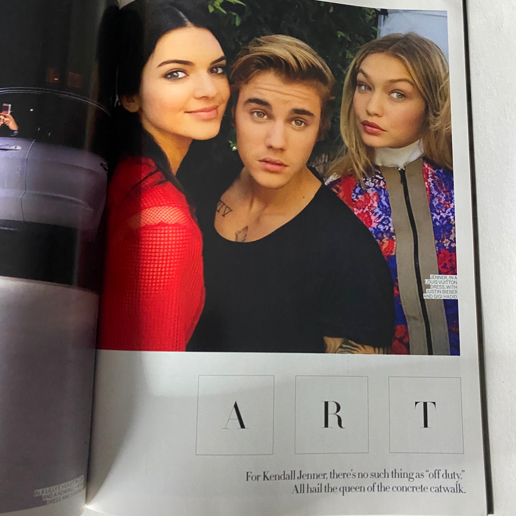 Kendall Jenner, Justin Bieber, and Gigi Hadid featured in Vogue US Magazine April 2016 The Kendall Jenner Effect, highlighting the influence of young celebrities in fashion.