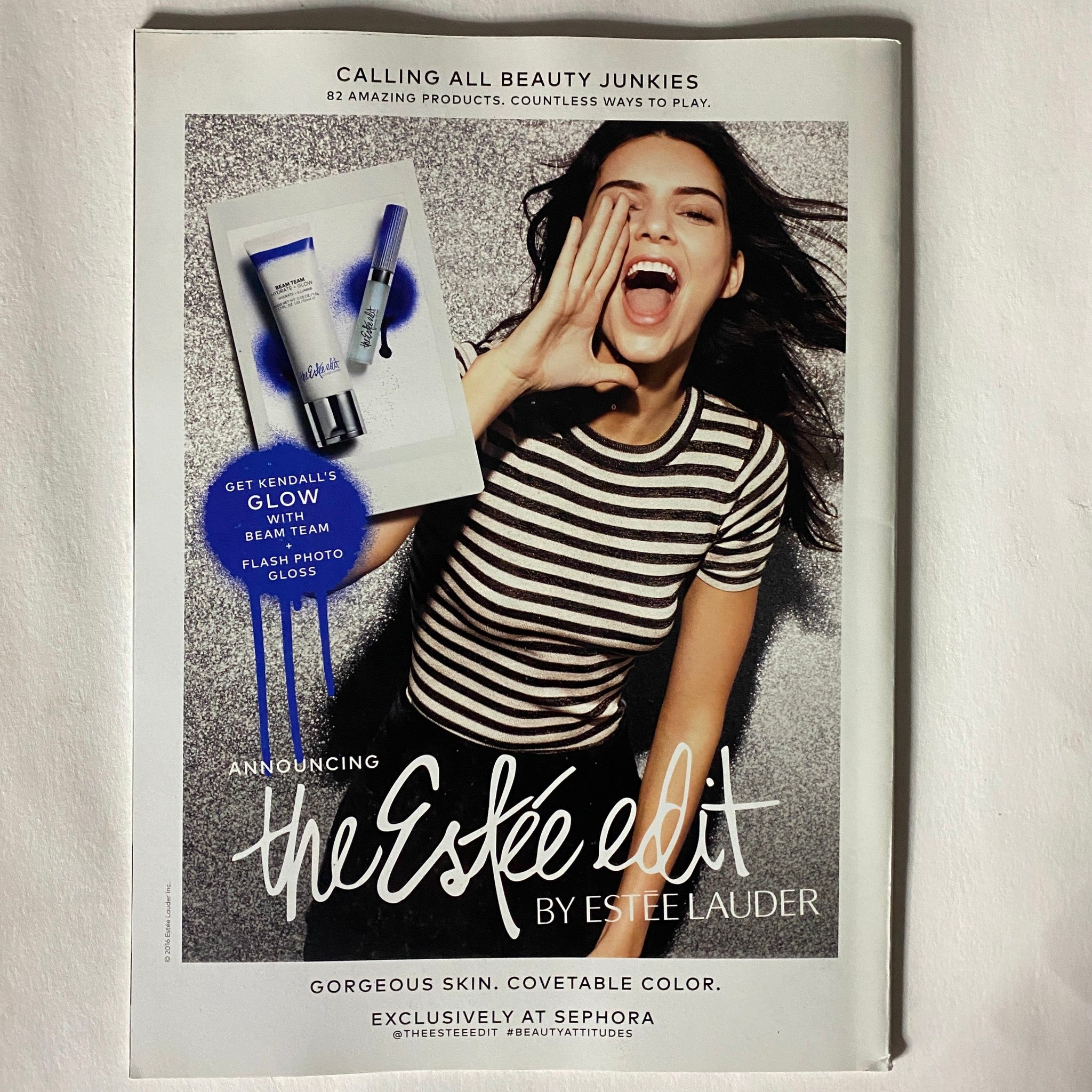 Kendall Jenner promoting The Estée Edit by Estée Lauder in Vogue US Magazine April 2016 The Kendall Jenner Effect, showcasing beauty products and fashion trends.