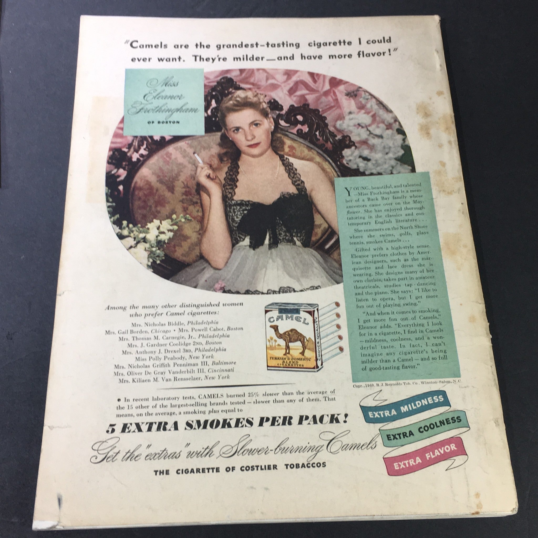 Back cover of VTG Cosmopolitan Magazine #65 October 1940 featuring an advertisement for Camel cigarettes with a model in a stylish outfit.