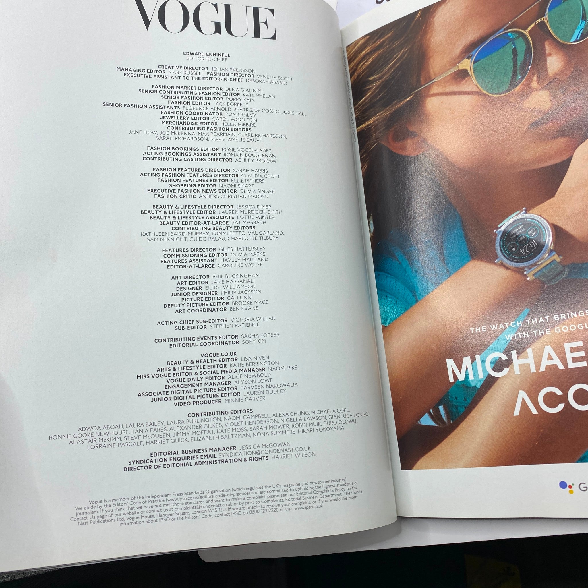 Inside page of British Vogue UK Magazine April 2018 listing editorial team credits, reflecting the magazine's commitment to quality editorial content.