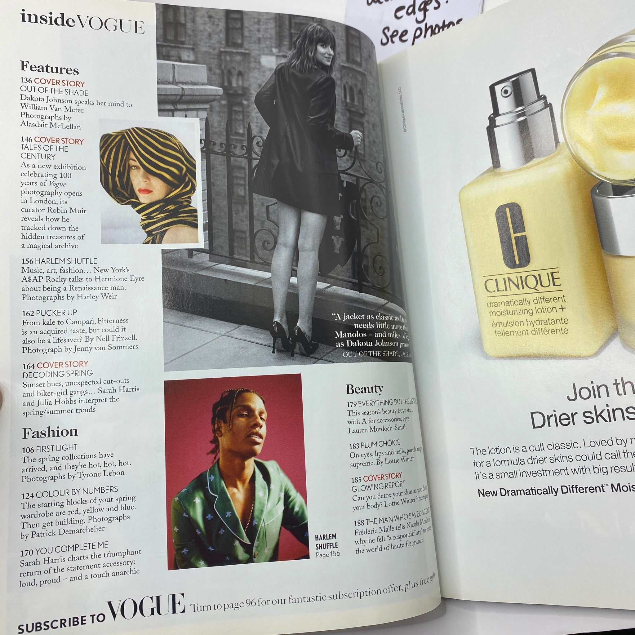Interior page of British Vogue UK Magazine February 2016, featuring a fashion editorial with Dakota Johnson and a beauty section highlighting styles and beauty products.