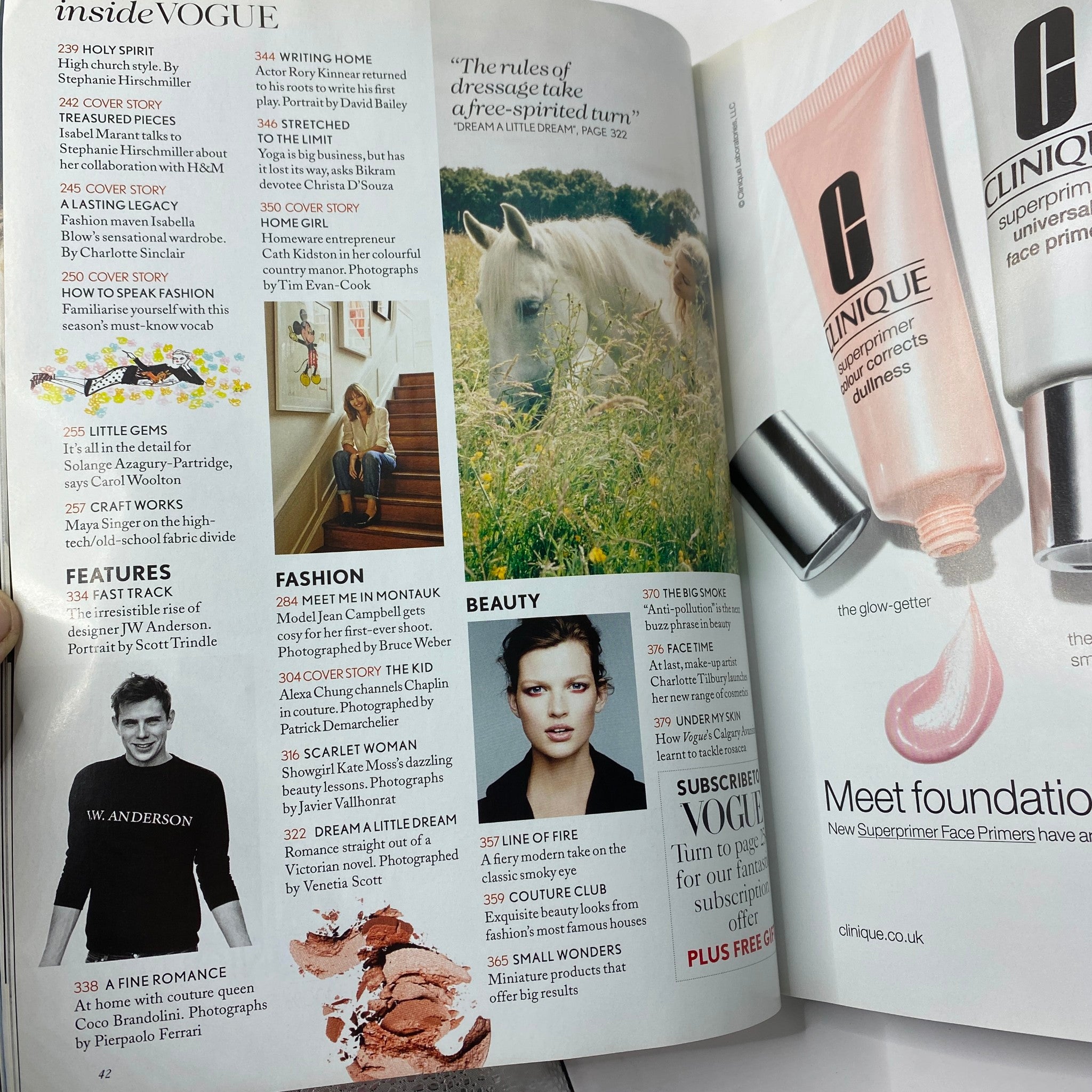 Inside page of British Vogue UK Magazine October 2013 highlighting fashion features and beauty articles, including insights into trends.