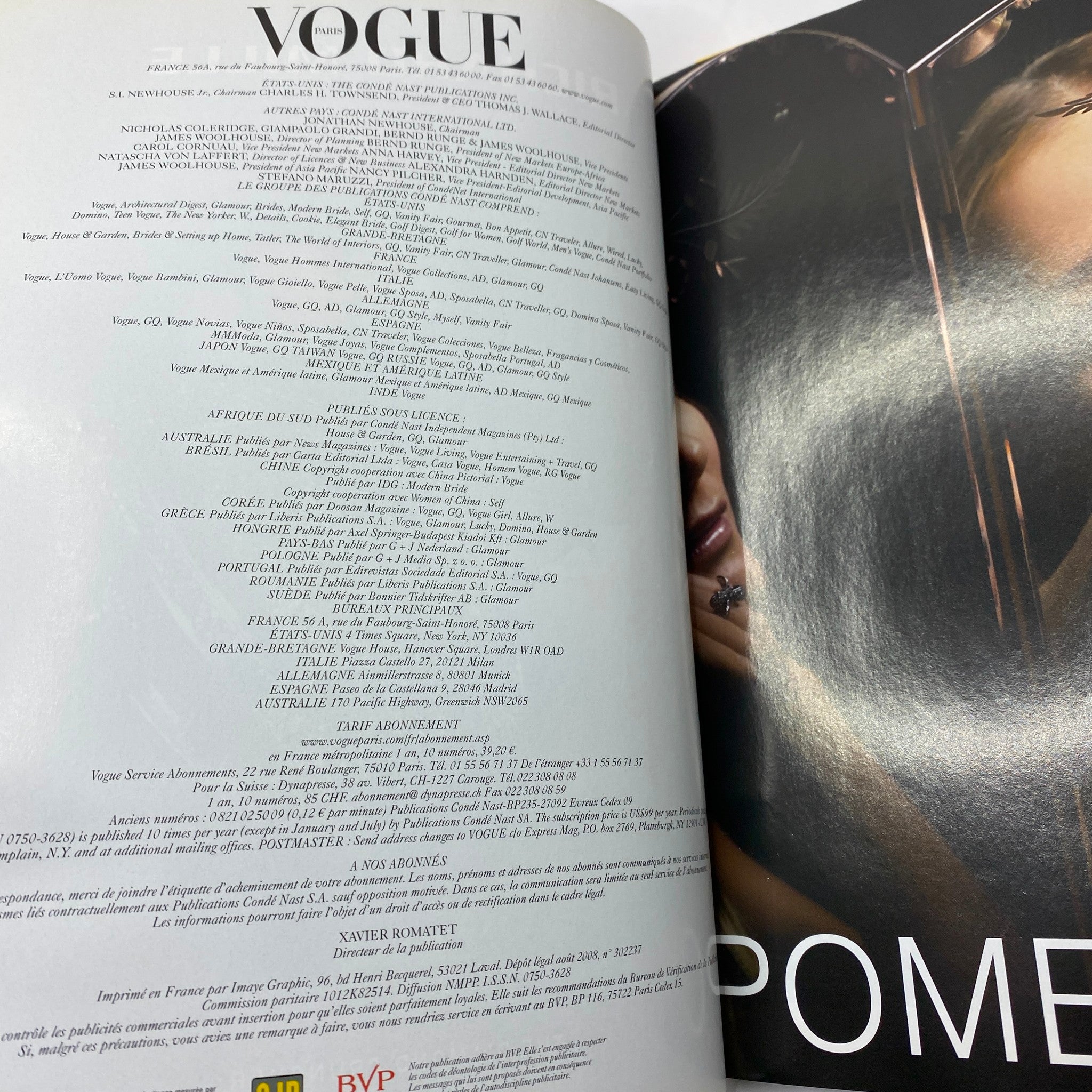 Interior page of Vogue Paris Magazine August 2008, displaying magazine contents and credits relevant to this iconic fashion publication.