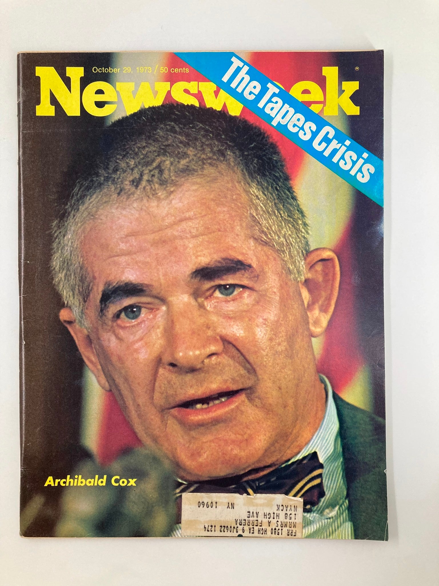 Cover of VTG Newsweek Magazine dated October 29, 1973, featuring Archibald Cox and the headline 'The Tape Crisis', highlighting a critical moment in American political history during the Watergate scandal.