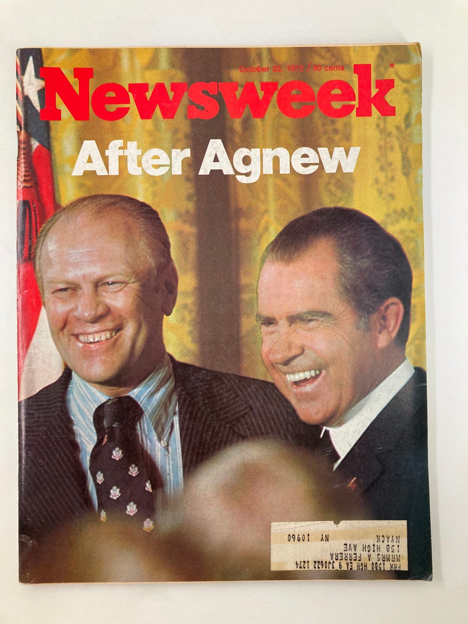 VTG Newsweek Magazine cover from October 22, 1973, featuring Gerald Ford and Richard Nixon with the headline 'After Agnew', showcasing a significant moment in American political history.