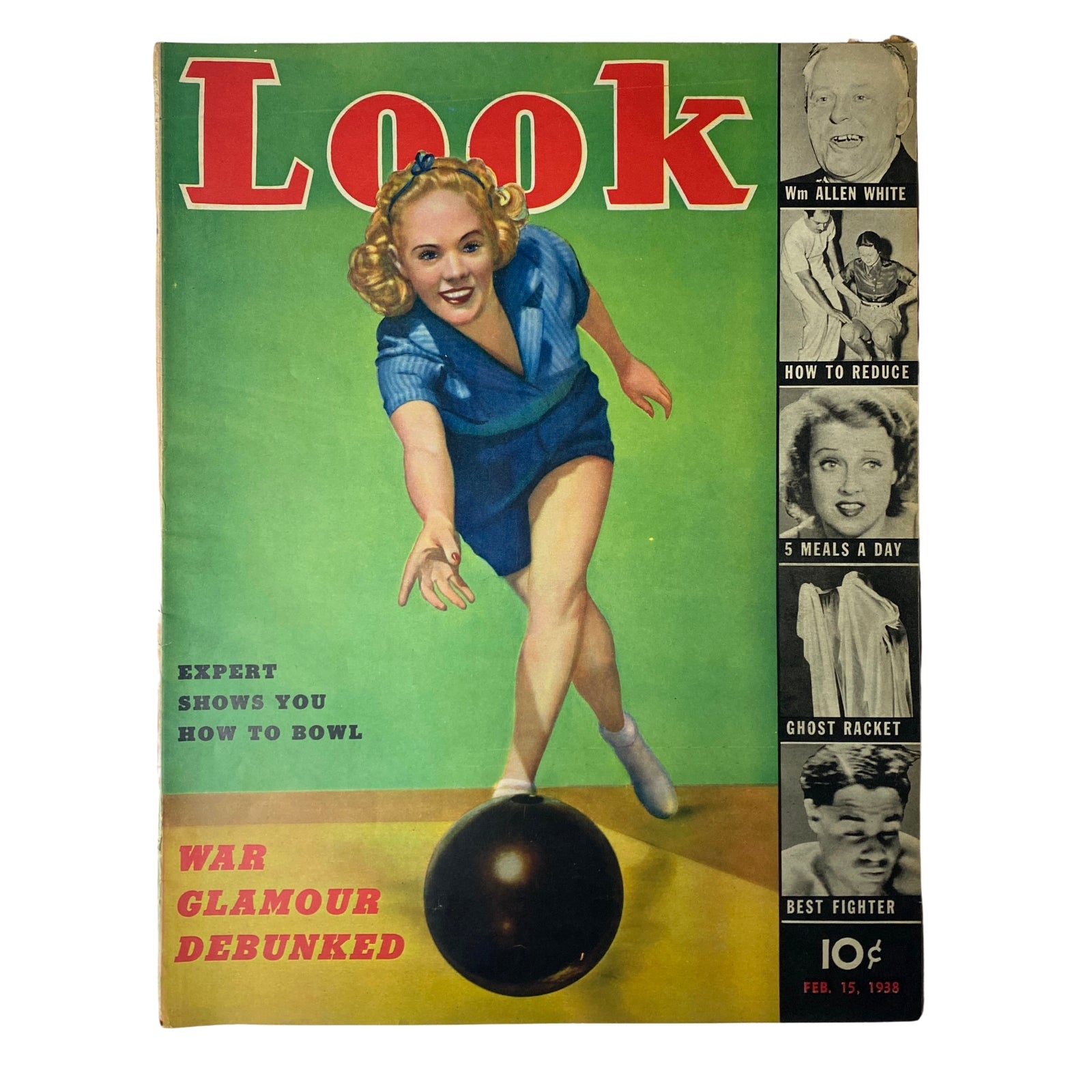 Look Magazine Cover from February 15, 1938 titled 'War Glamour Debunked' featuring a young woman bowling, showcasing the magazine's editorial focus during the late 1930s.