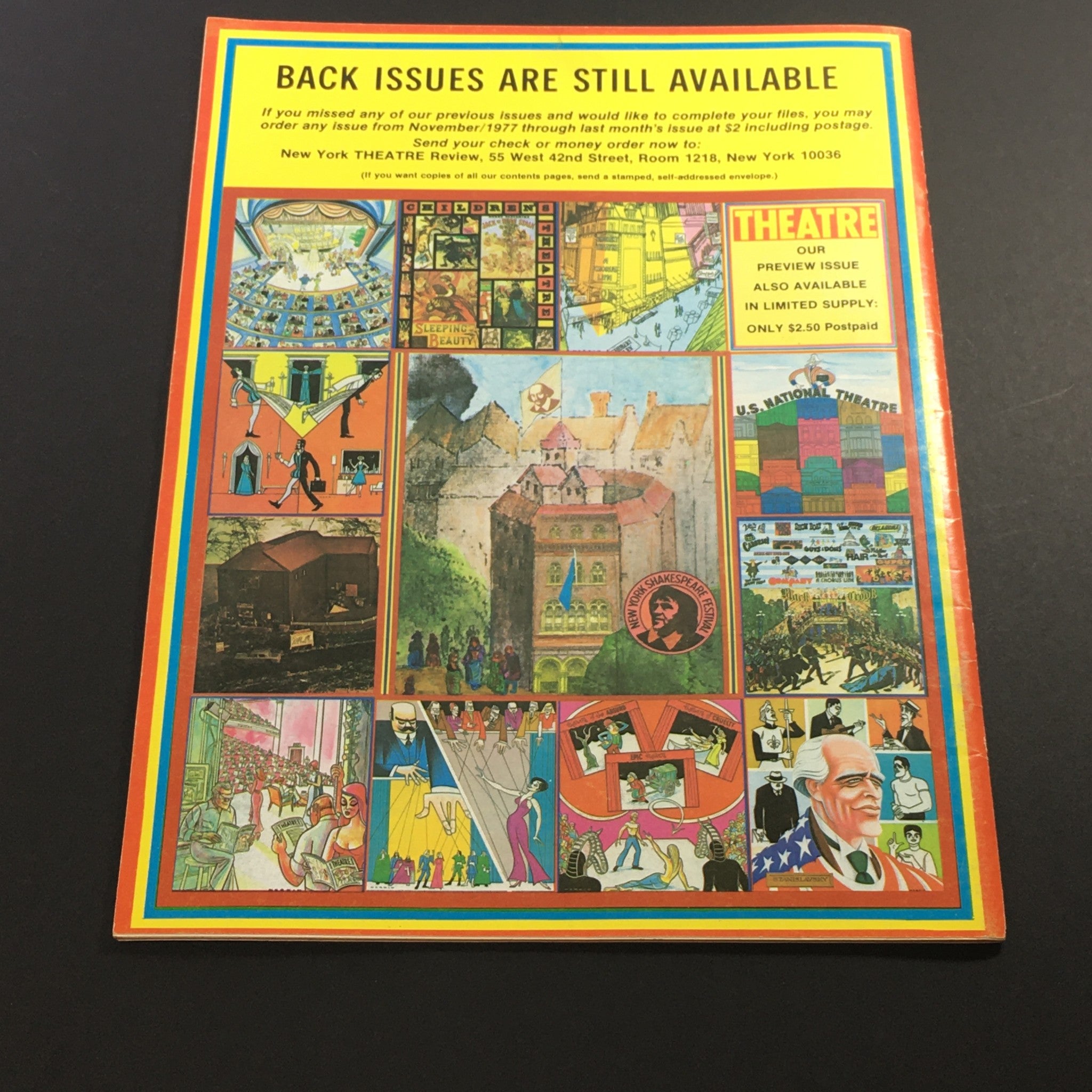 Back cover of VTG New York Theatre Review Magazine December 1978, displaying various illustrations and a message about ordering back issues.