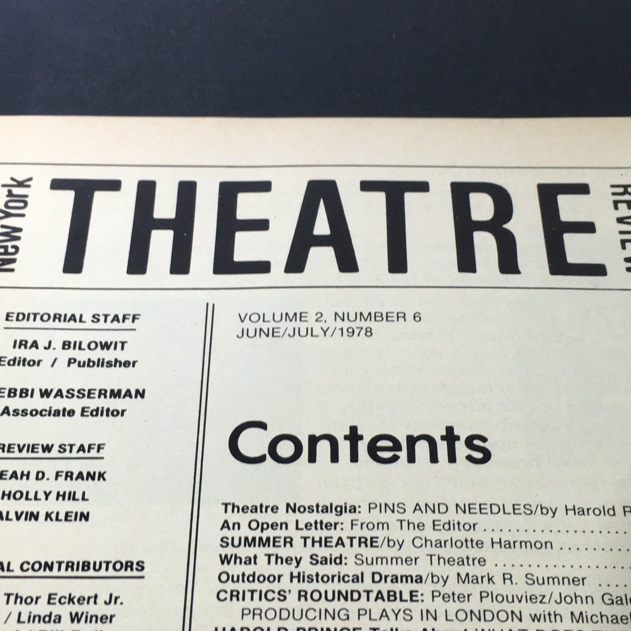Contents page of the VTG New York Theatre Review Magazine for June-July 1978, displaying editorial staff and article titles focusing on theatrical nostalgia and summer theatre.
