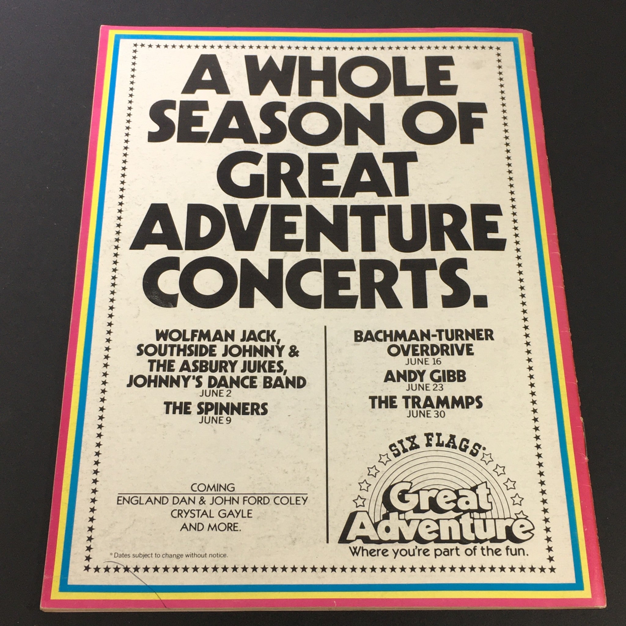 A promotional flyer for concerts at Great Adventure, featuring a list of performances including Wolfman Jack, Bachman-Turner Overdrive, and Andy Gibb, dated June 1978, part of the VTG New York Theatre Review Magazine June-July 1978.