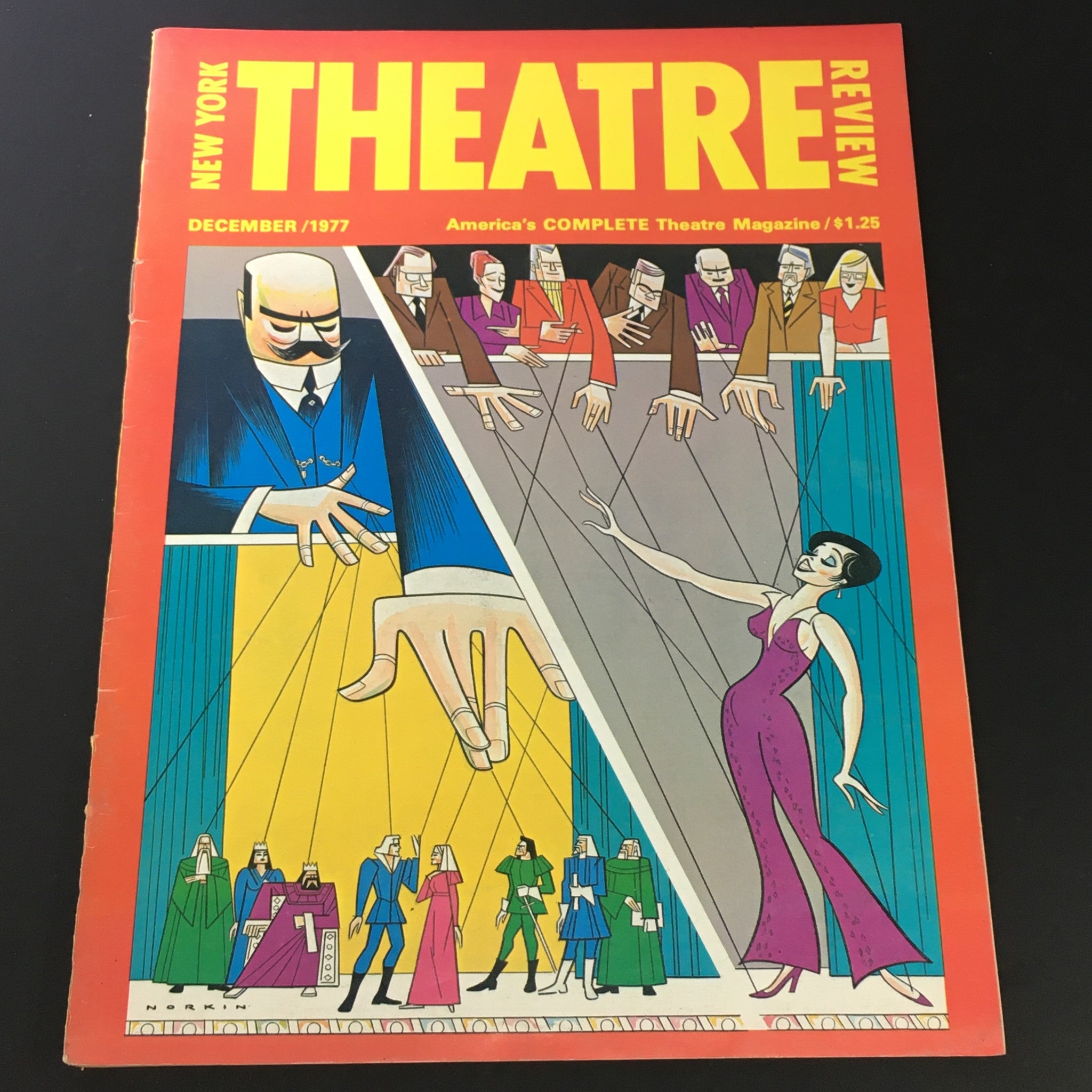 Cover of the VTG New York Theatre Review Magazine from December 1977, featuring vibrant illustrations of theatrical performances and characters, showcasing the rich history of theater.