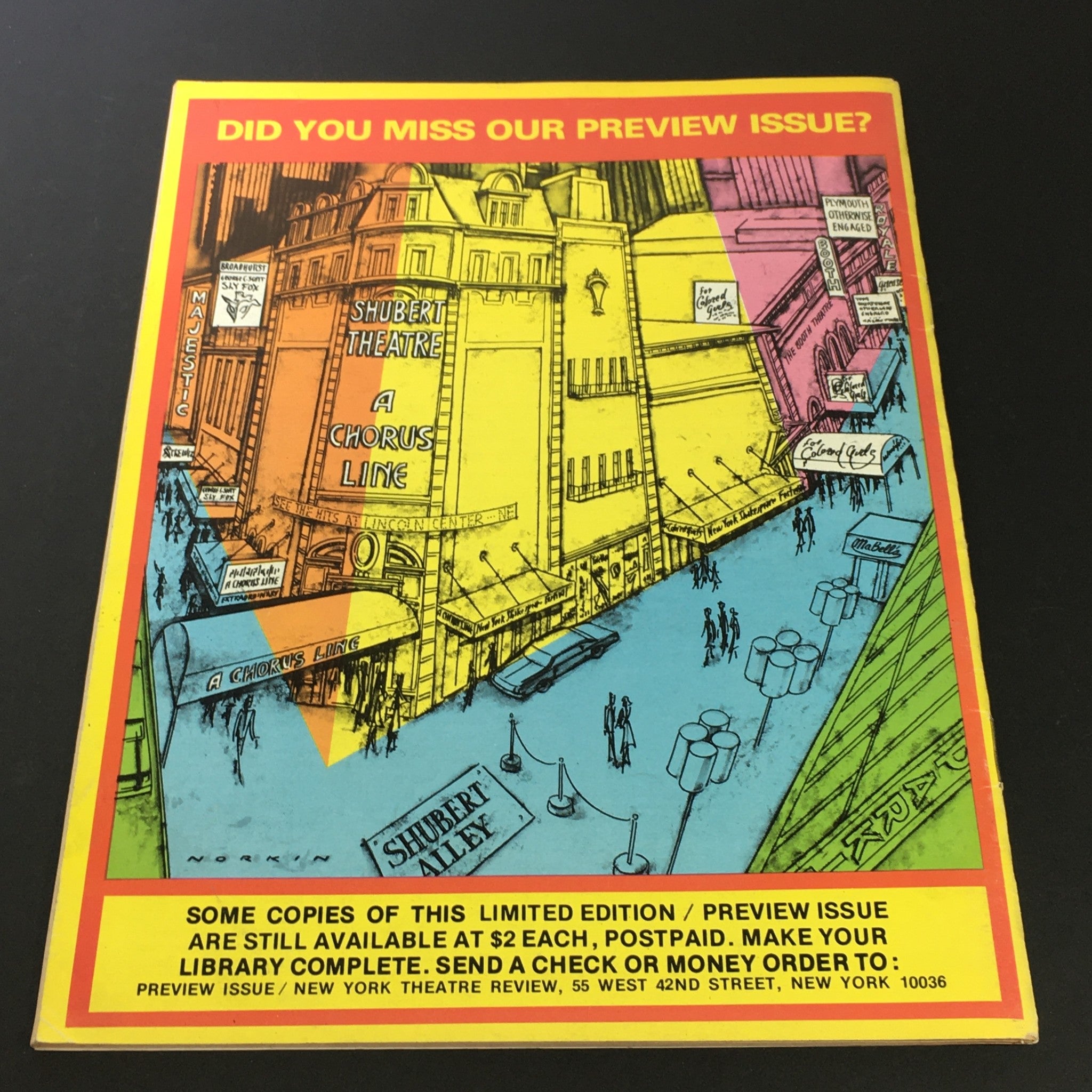 Cover of VTG New York Theatre Review Magazine December 1977 featuring the Shubert Theatre and 'A Chorus Line' advertisement, showcasing a colorful illustration highlighting the vibrant New York theater scene.