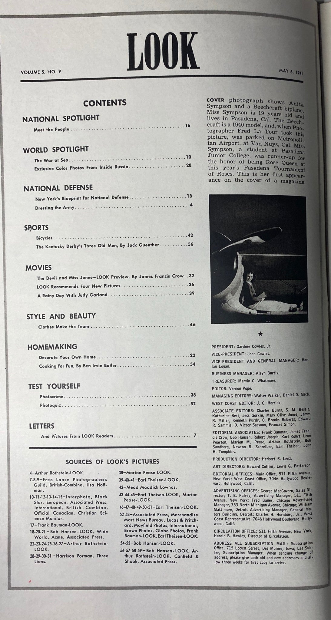 Cover page of Look Magazine May 6, 1941 featuring Anita Sympson and a Beechcraft Biplane, highlighting aviation themes and patriotic spirit ahead of World War II.