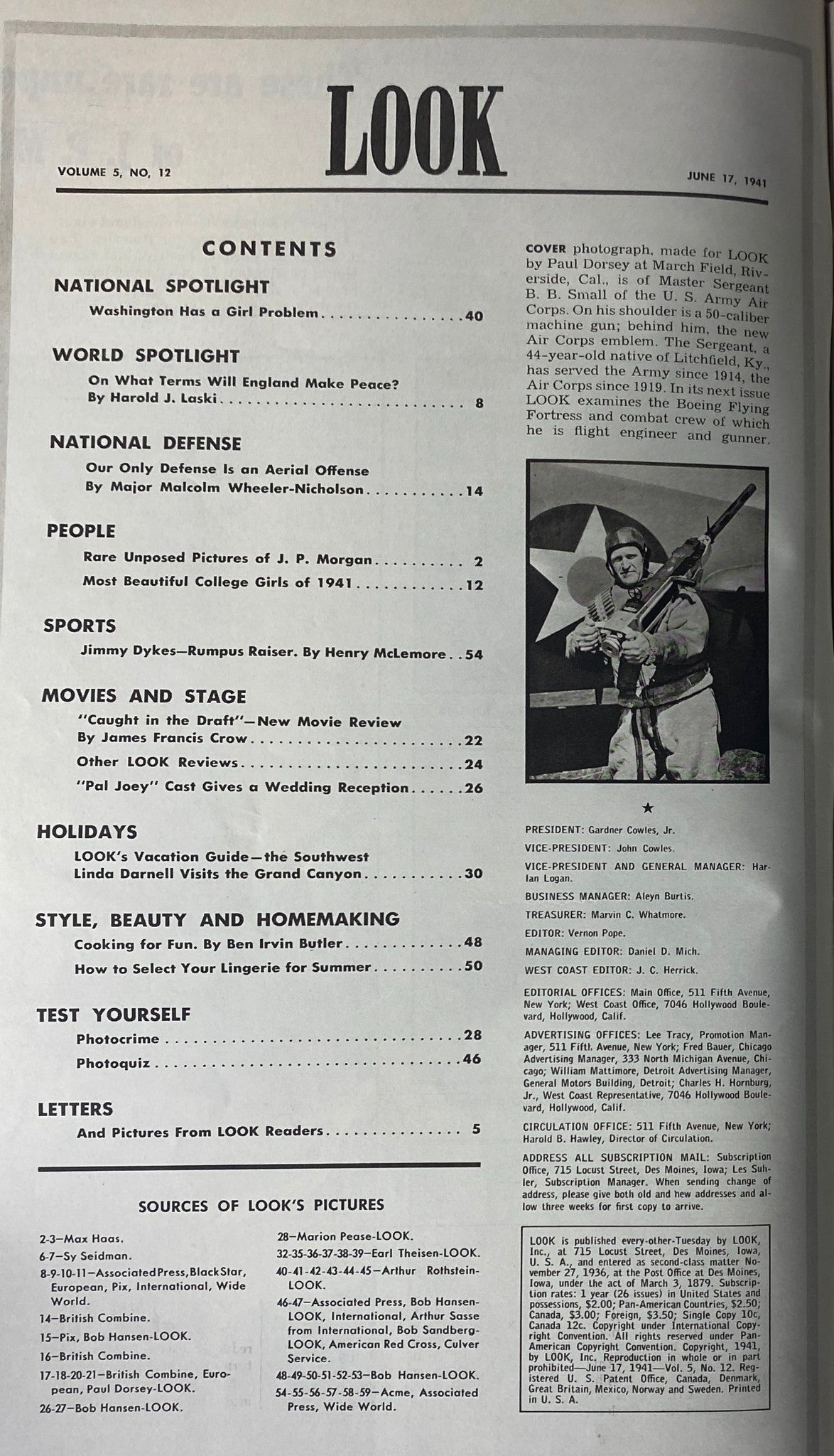 Table of contents page of Look Magazine June 17, 1941, outlining articles like 'On What Terms Will England Make Peace?' and 'Our Only Defense Is an Aerial Offense'.