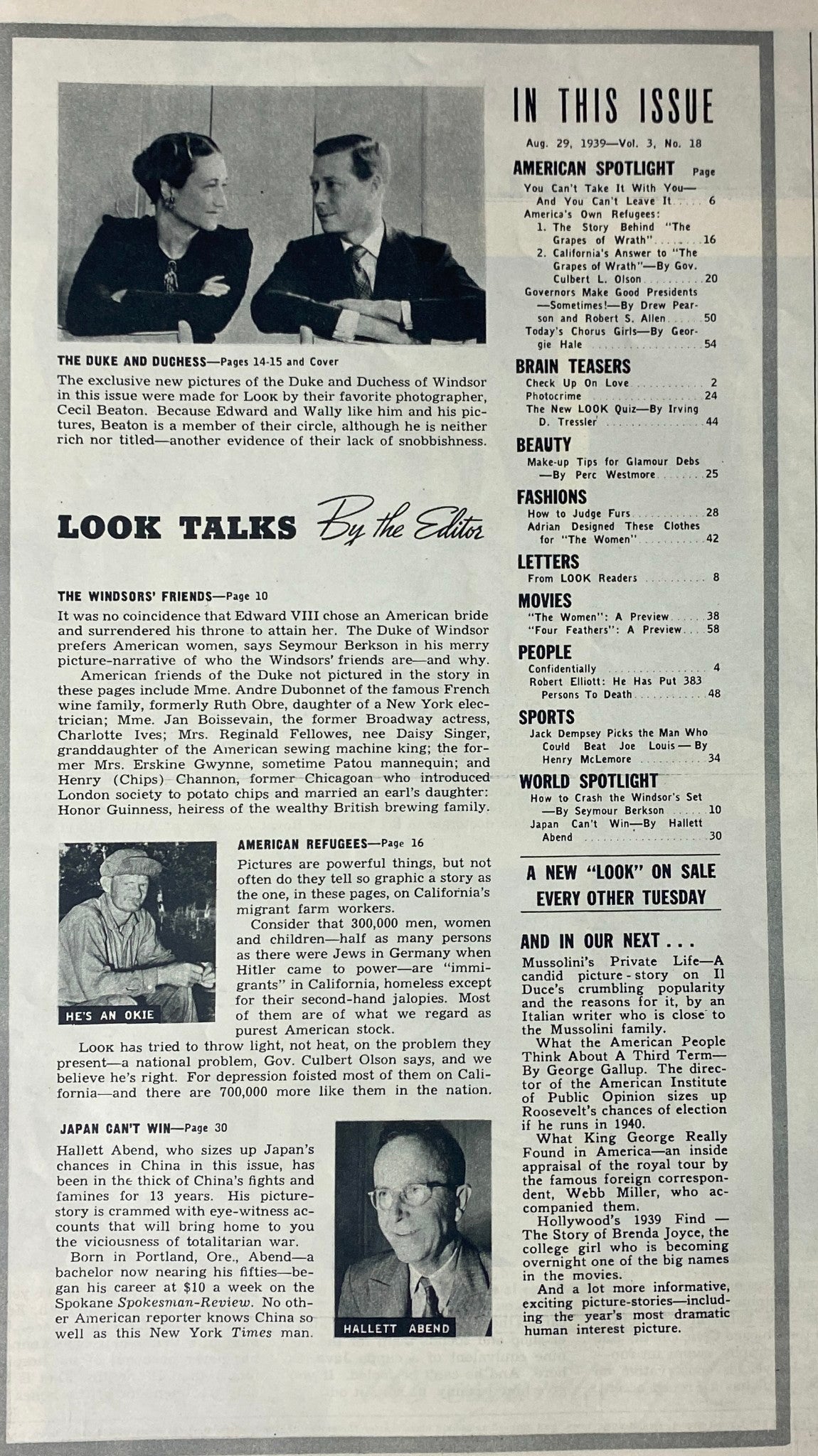 Interior page of Look Magazine from August 29, 1939 discussing The Duke and Duchess of Windsor with an editorial segment titled 'Look Talks'.