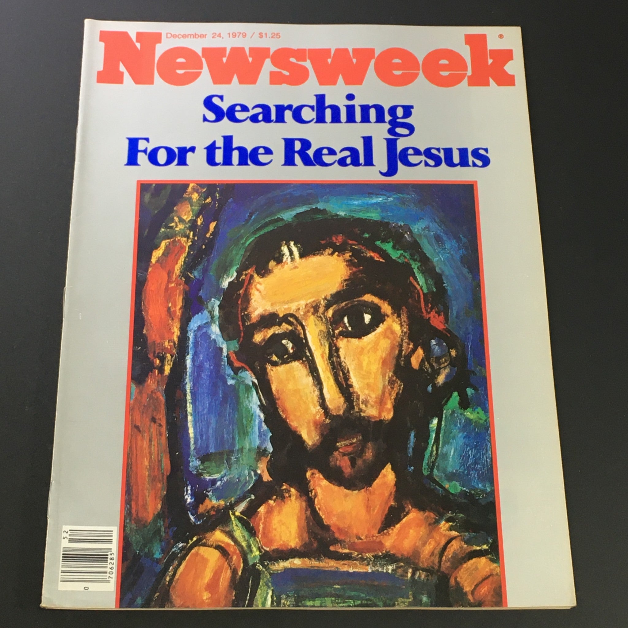 VTG Newsweek Magazine from December 24, 1979, featuring the cover story 'Searching For The Real Jesus'. The vibrant cover art represents a depiction of Jesus amidst a colorful backdrop, highlighting the spiritual and historical themes discussed in this vintage publication.