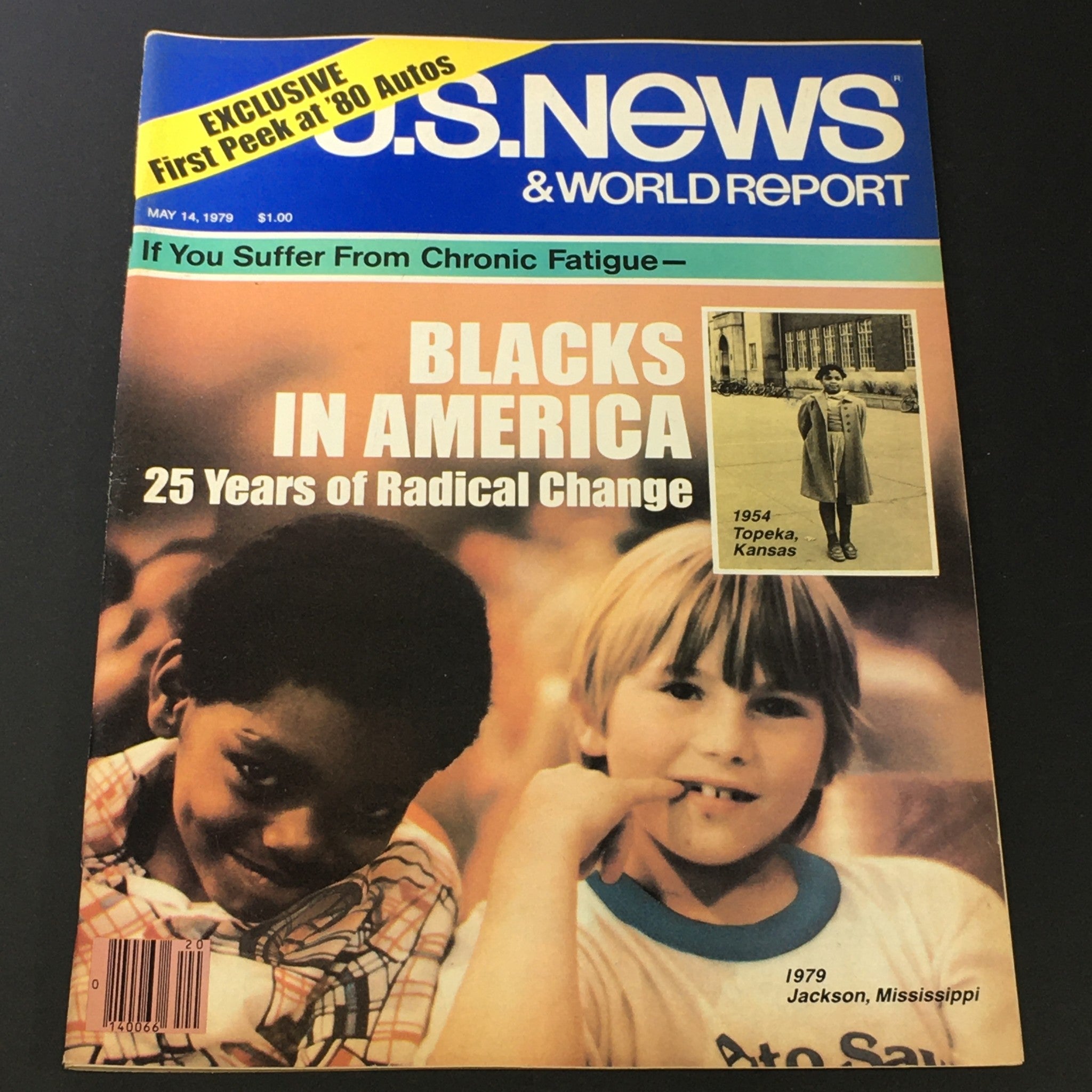 Vintage US News & World Report magazine cover from May 14, 1979, titled 'Blacks in America: 25 Years of Radical Change.' The cover features a photograph of two children, one Black and one white, and includes a small image of a girl in Topeka, Kansas from 1954. This magazine commemorates significant social changes in America over 25 years.