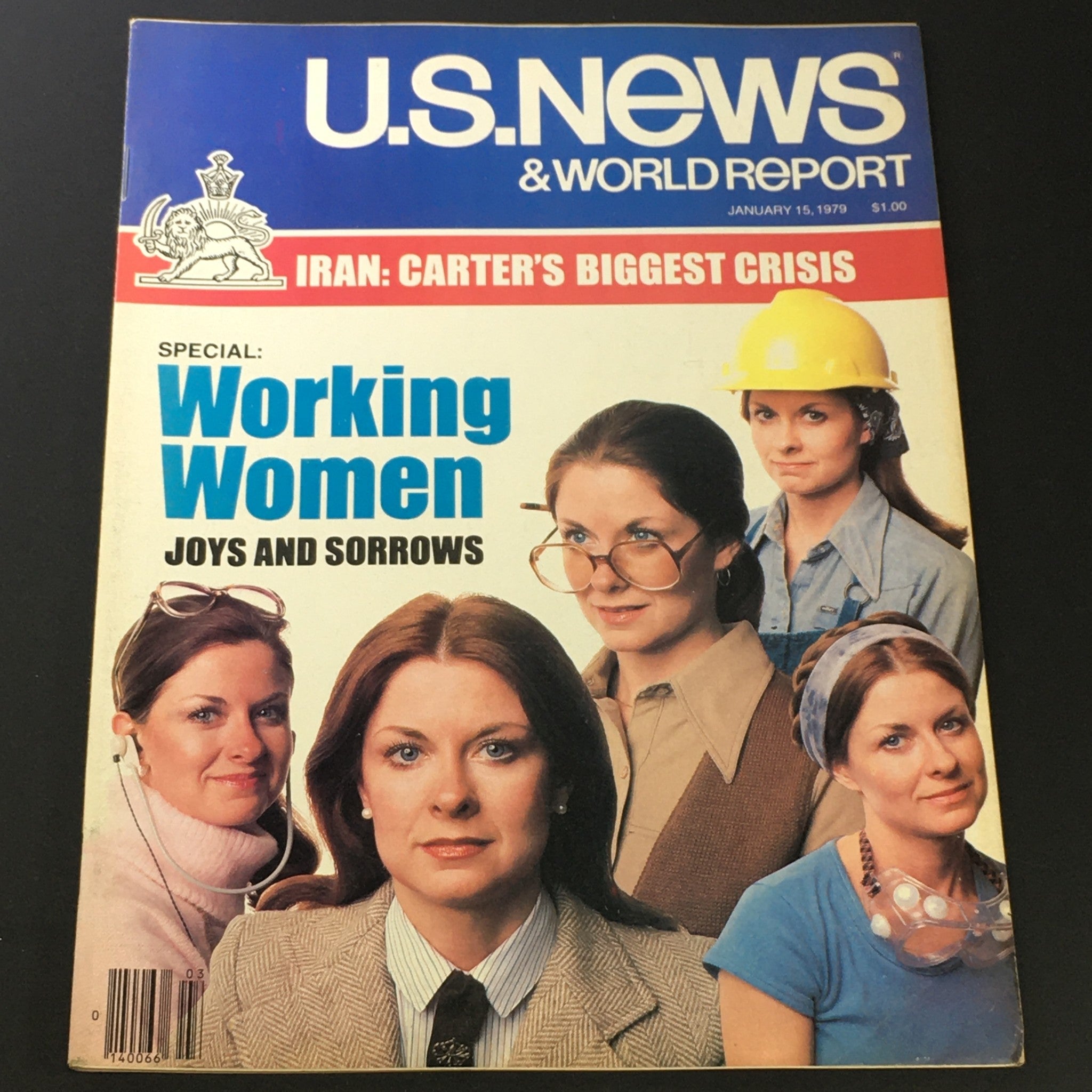 Vintage US News & World Report Magazine January 15, 1979 featuring the cover story on Iran's crisis during Jimmy Carter's presidency, highlighting the theme 'Working Women: Joys and Sorrows' with multiple women depicted in various professional roles.