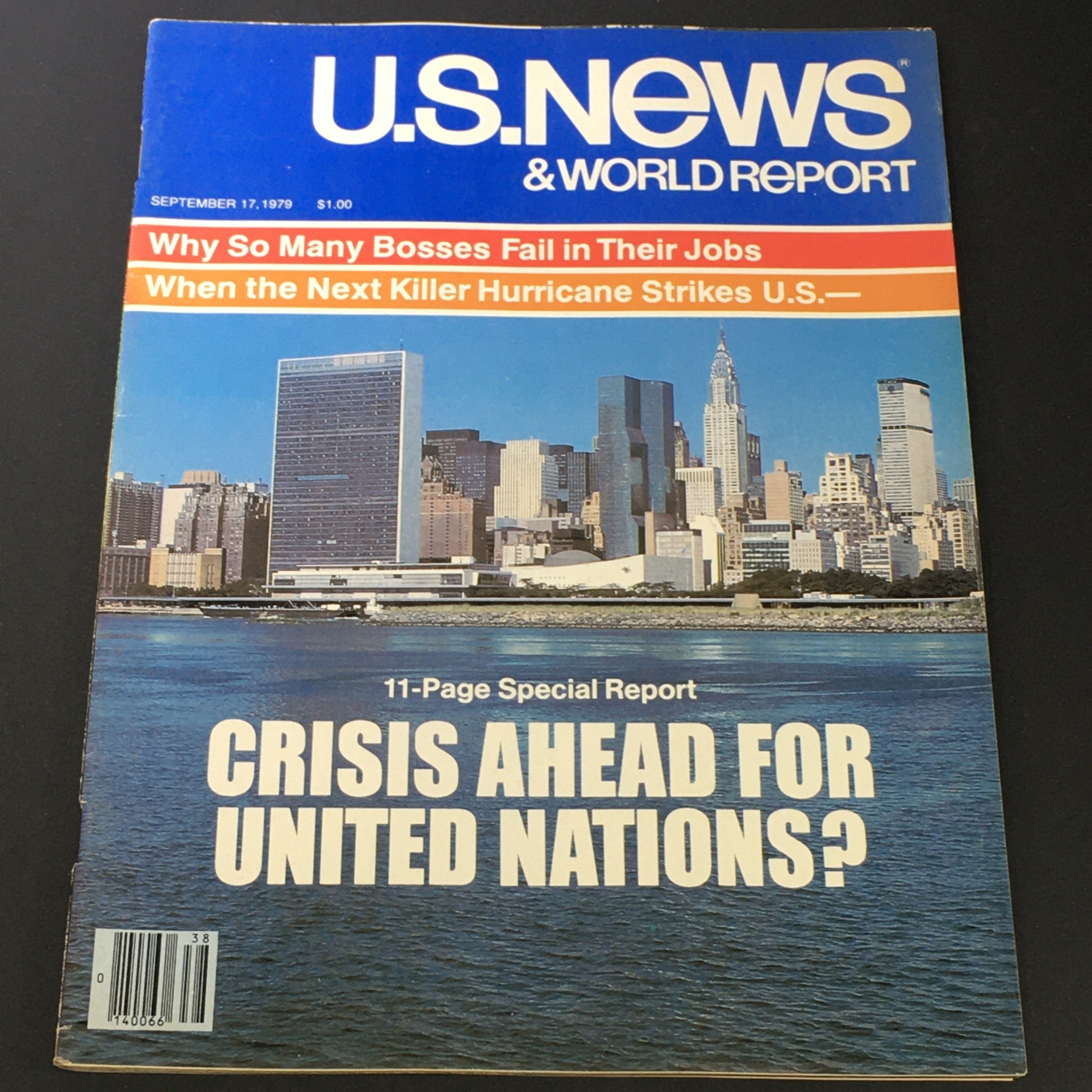 Cover of VTG US News & World Report Magazine September 17 1979 featuring an article on the United Nations crisis, with a backdrop of the New York City skyline and headlines discussing global issues.