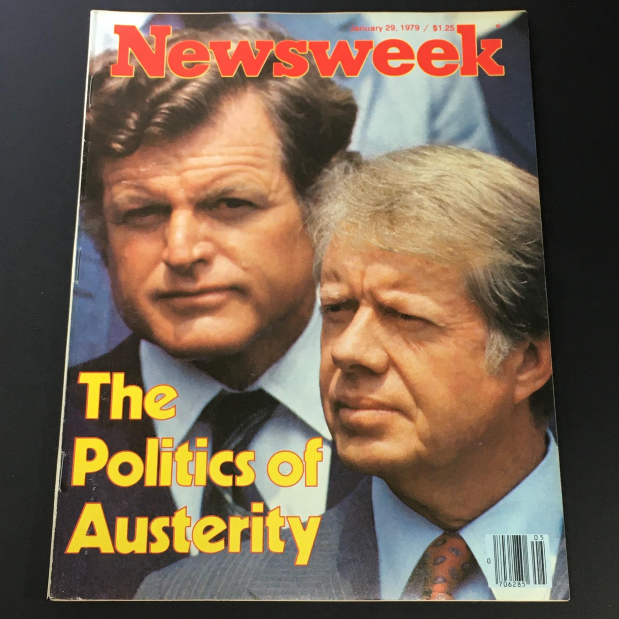 Vintage Newsweek Magazine January 29, 1979 cover featuring Ted Kennedy and Jimmy Carter discussing 'The Politics of Austerity' in a retro newsstand format.