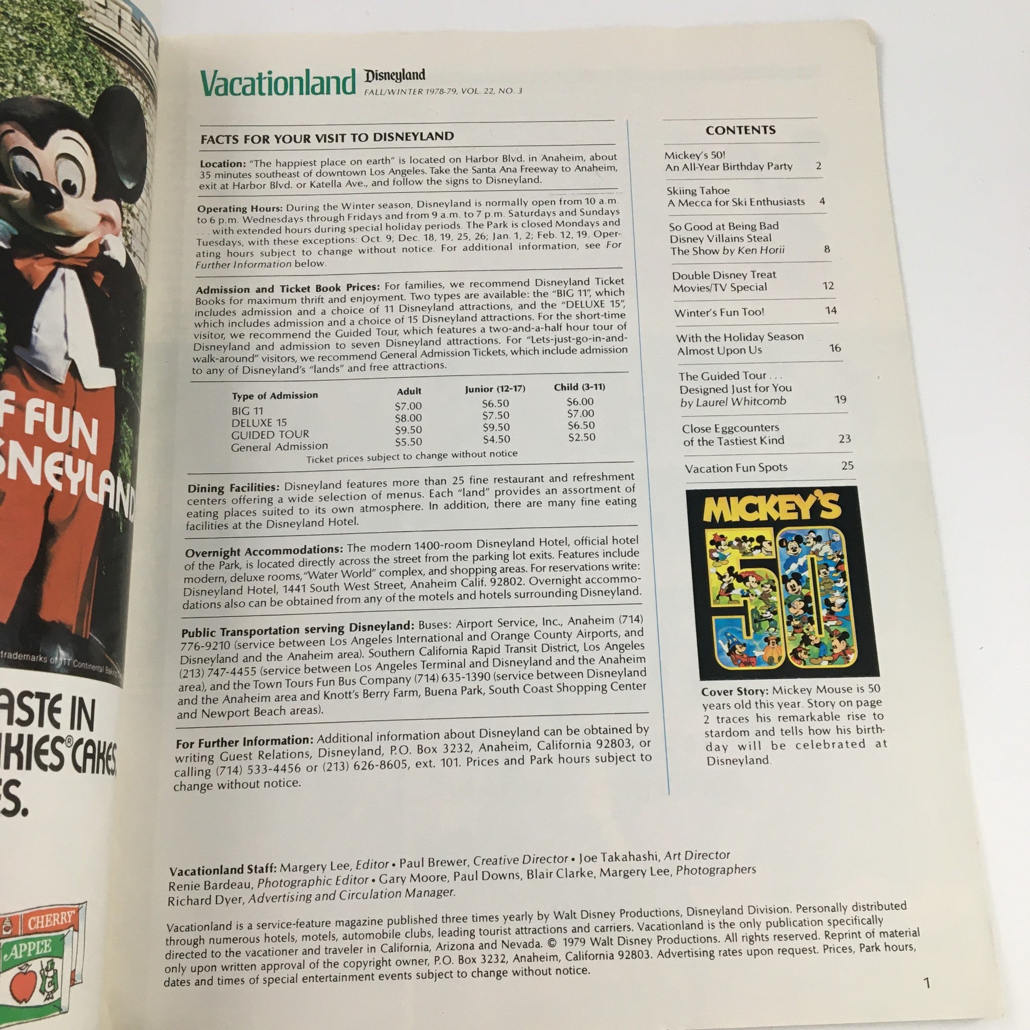 Inside page of Disney Vacationland Magazine Fall 1978 showcasing Disneyland visitor information and contents, highlighting Mickey Mouse's 50th anniversary.
