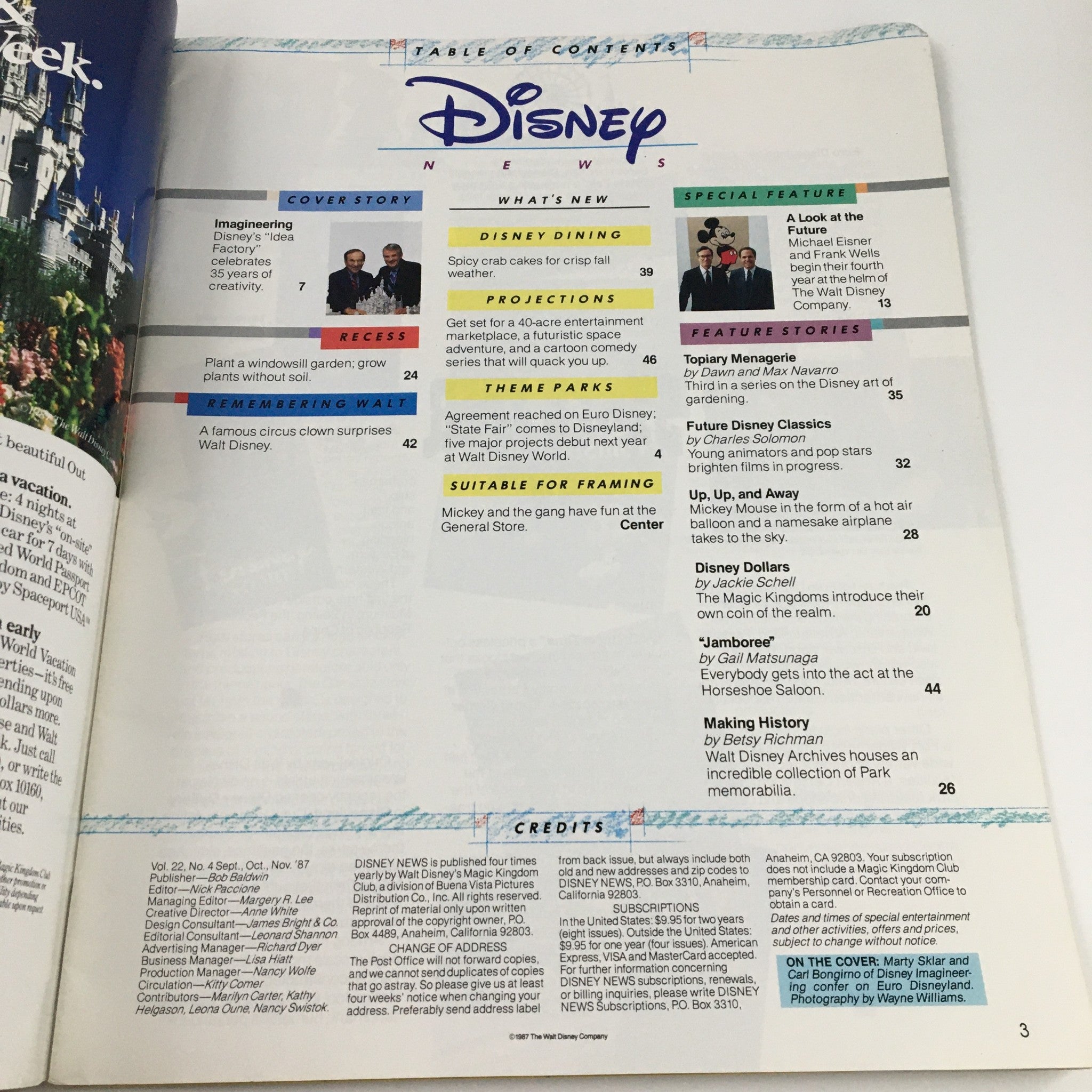 Table of contents page from Disney News Magazine Fall 1987, highlighting various articles and features including Disney Dining and Imagineering.