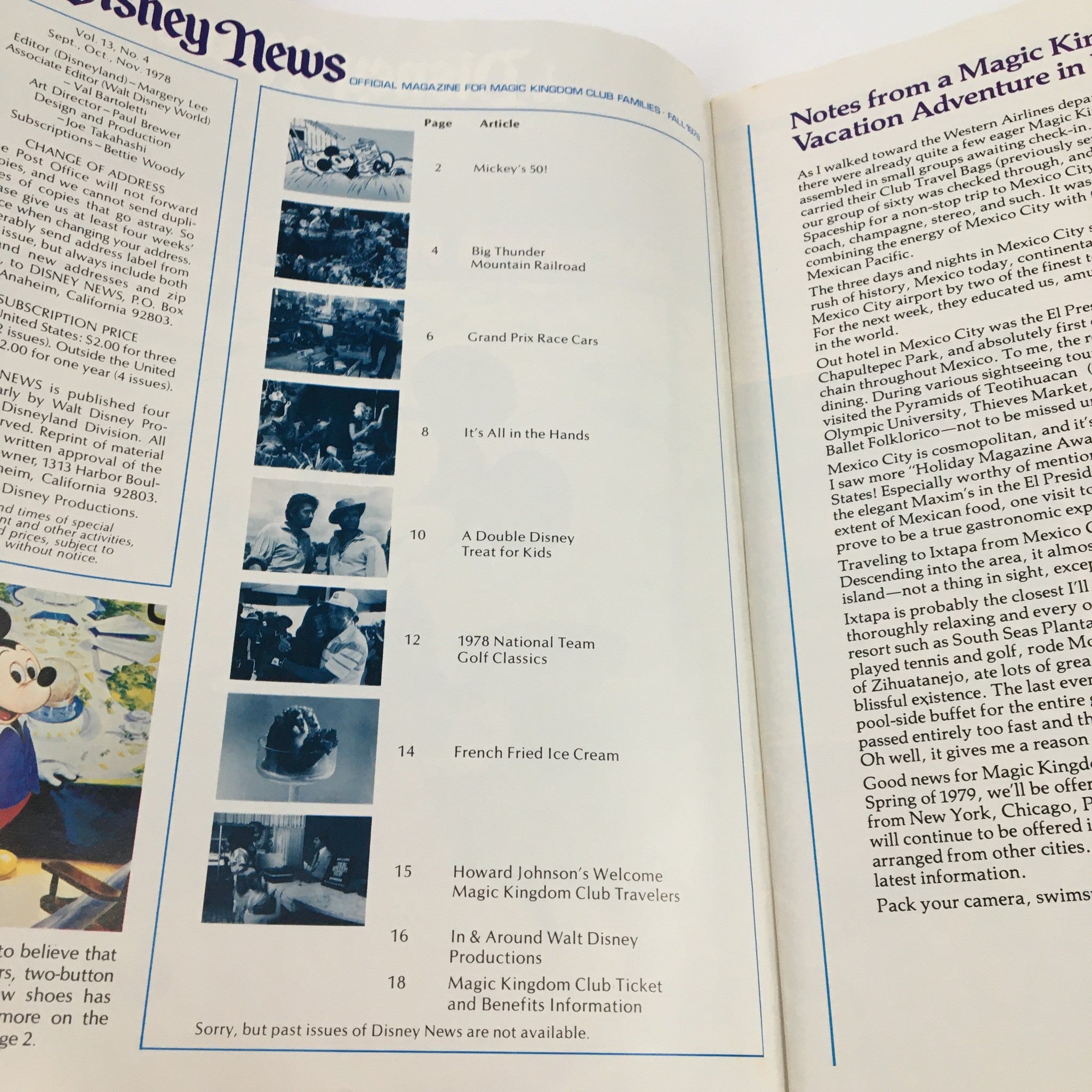 Inside page of Disney News Magazine Fall 1978 featuring articles like Mickey's 50 and Howard Johnson's Welcome Club Travelers.