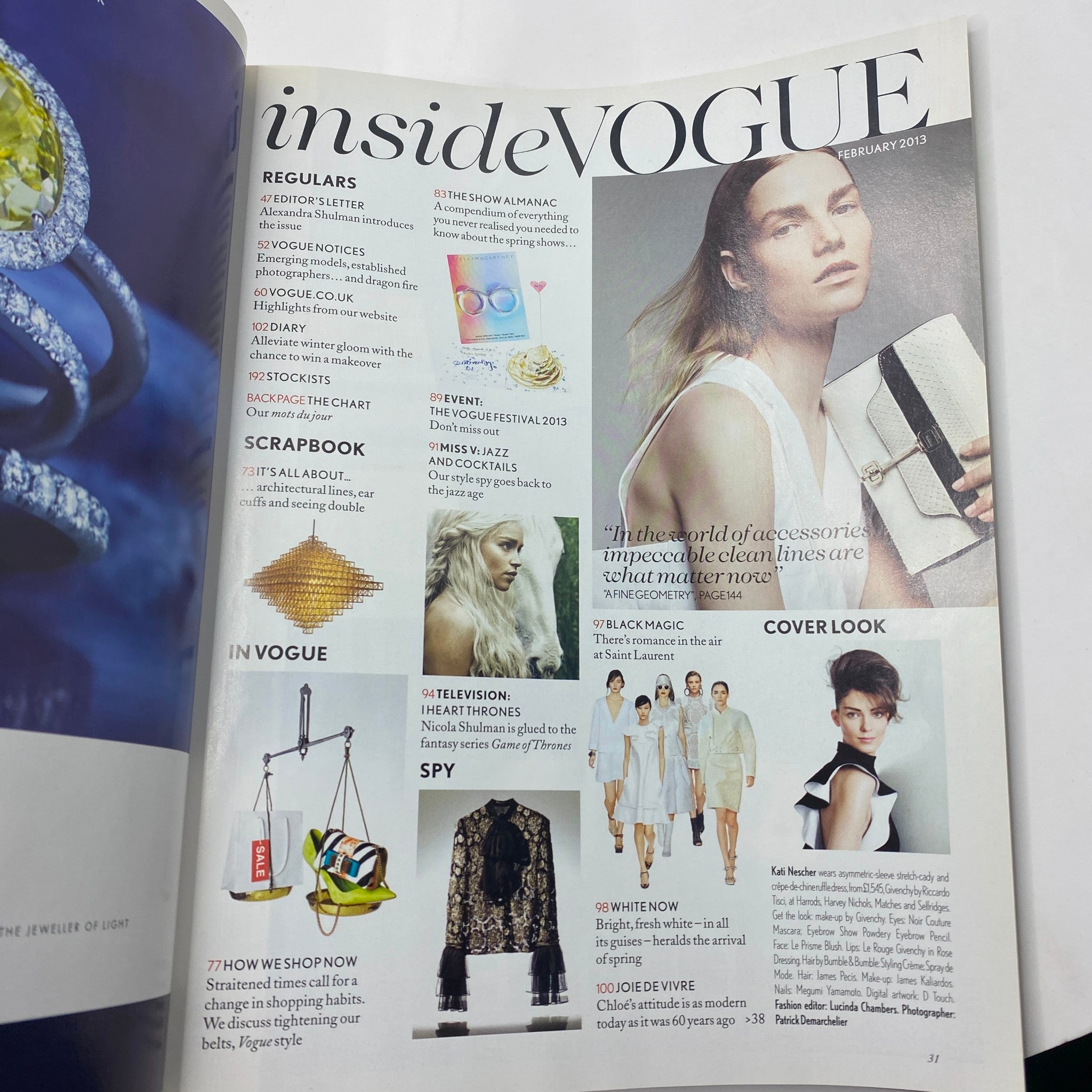 Inside view of Vogue Magazine February 2013 featuring articles and fashion accessories highlights.