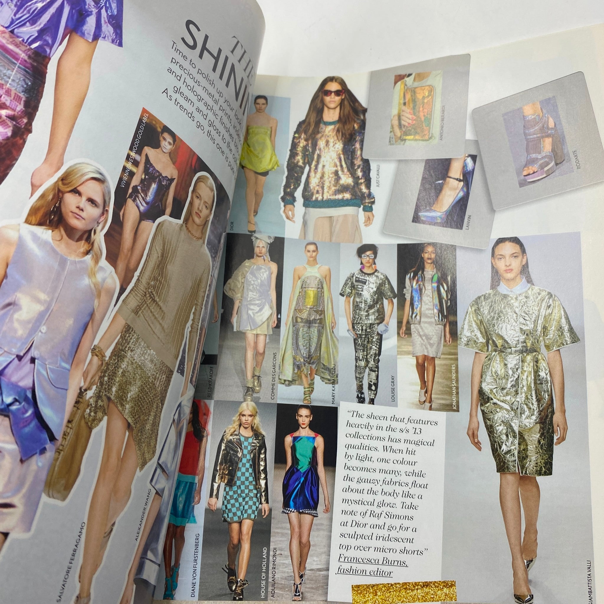 Inside page of Vogue Magazine Supplement Spring/Summer 2013 showcasing metallic fashion designs and diverse runway styles.