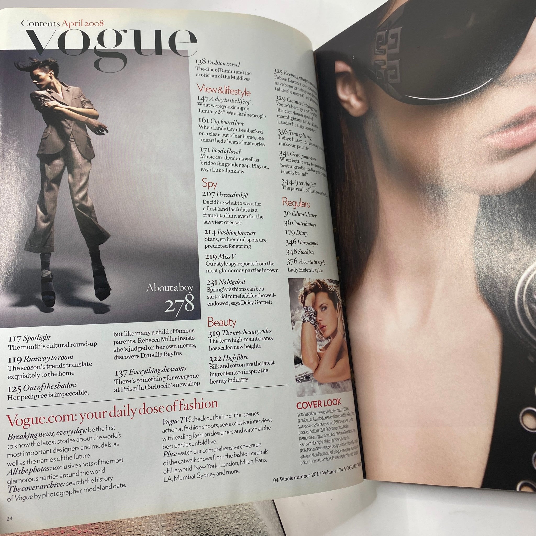 Inside pages of British Vogue UK Magazine April 2008 displaying the contents and features including fashion and beauty articles.