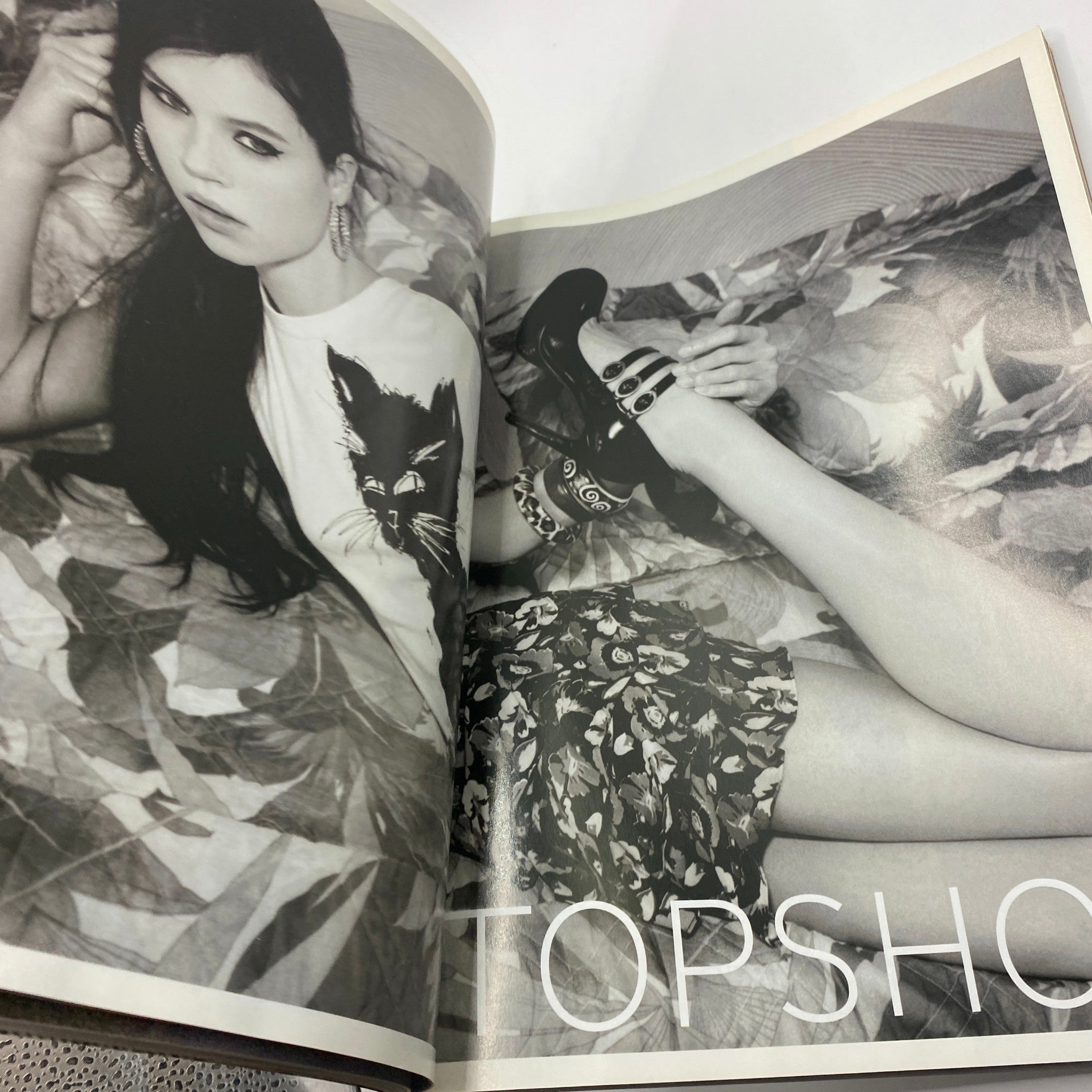 Black and white fashion editorial spread from British Vogue UK Magazine April 2008 highlighting trendy styles and designs.