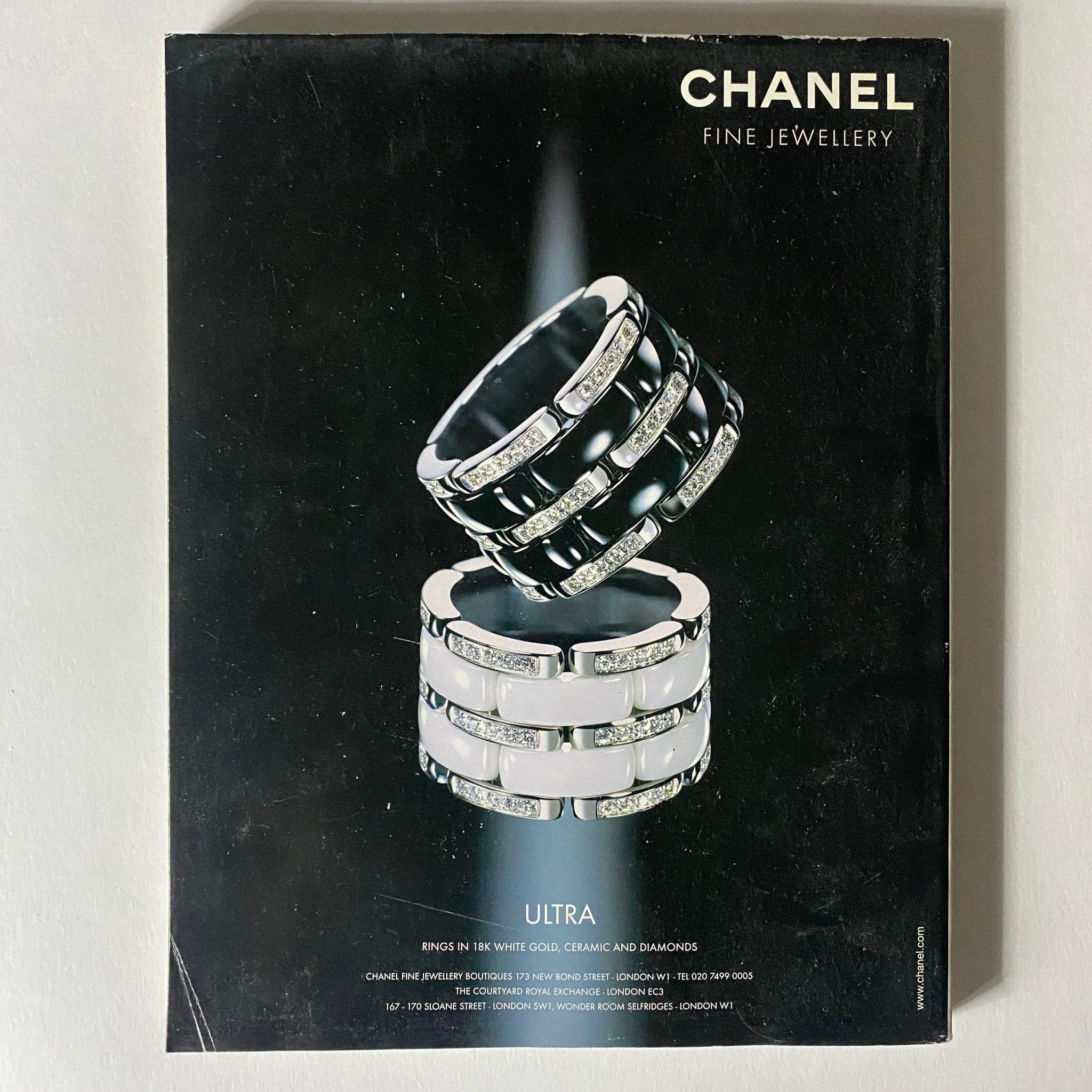 Cover of Chanel Fine Jewellery magazine featuring the title 'ULTRA' with striking rings in white gold, ceramic, and diamonds.