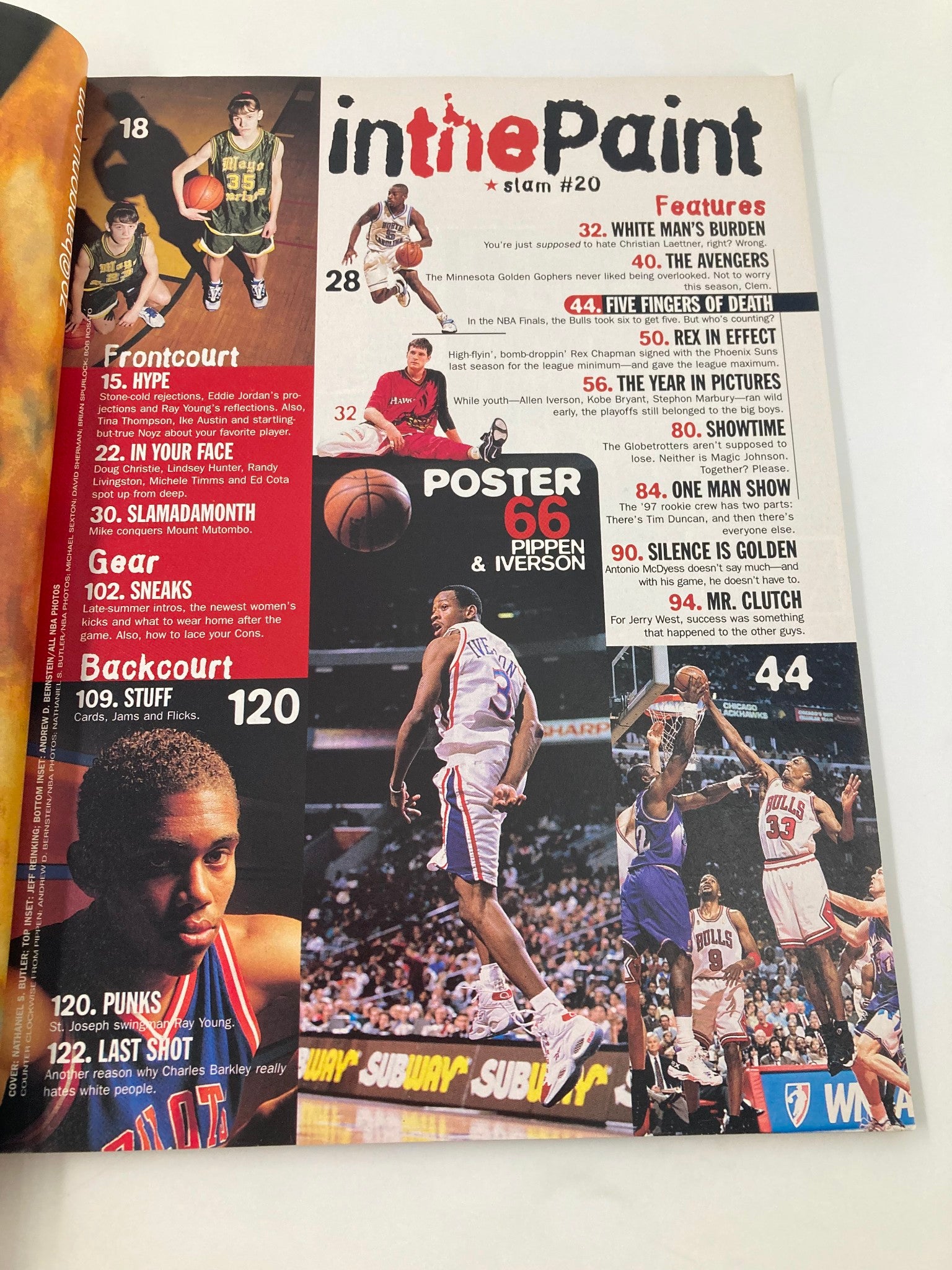 Interior page of Slam Magazine September 1997 displaying features related to basketball, including a section titled 'in the Paint' and listing key articles and a special poster of Pippen and Iverson.